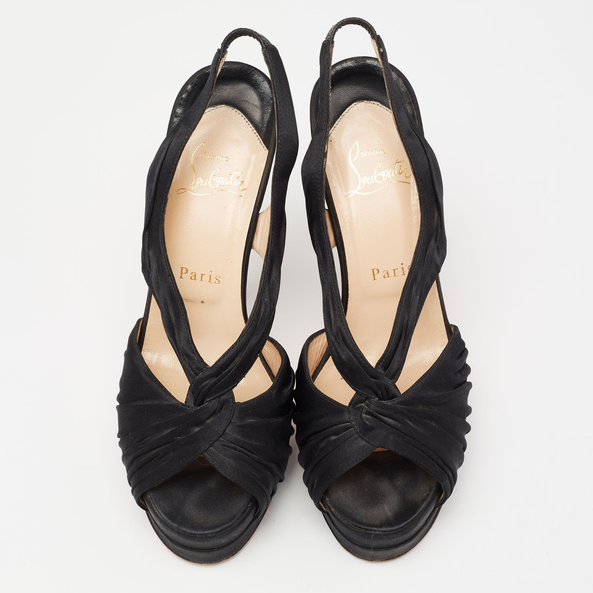 Christian Louboutin Black Pleated Satin Platform Slingback Sandals Size 38