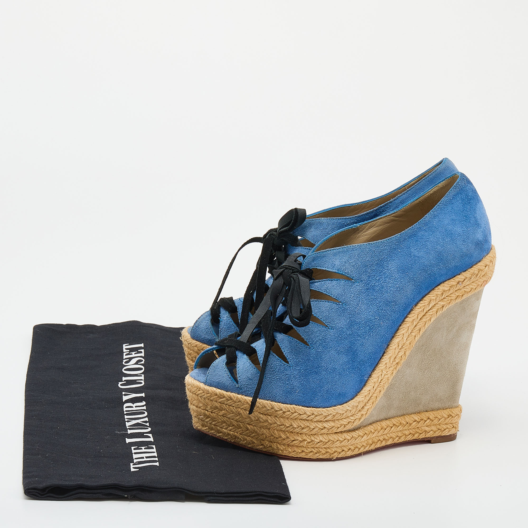 Christian Louboutin Blue/Grey Suede Lace Up Espadrille Platform Wedge Sandals Size 37