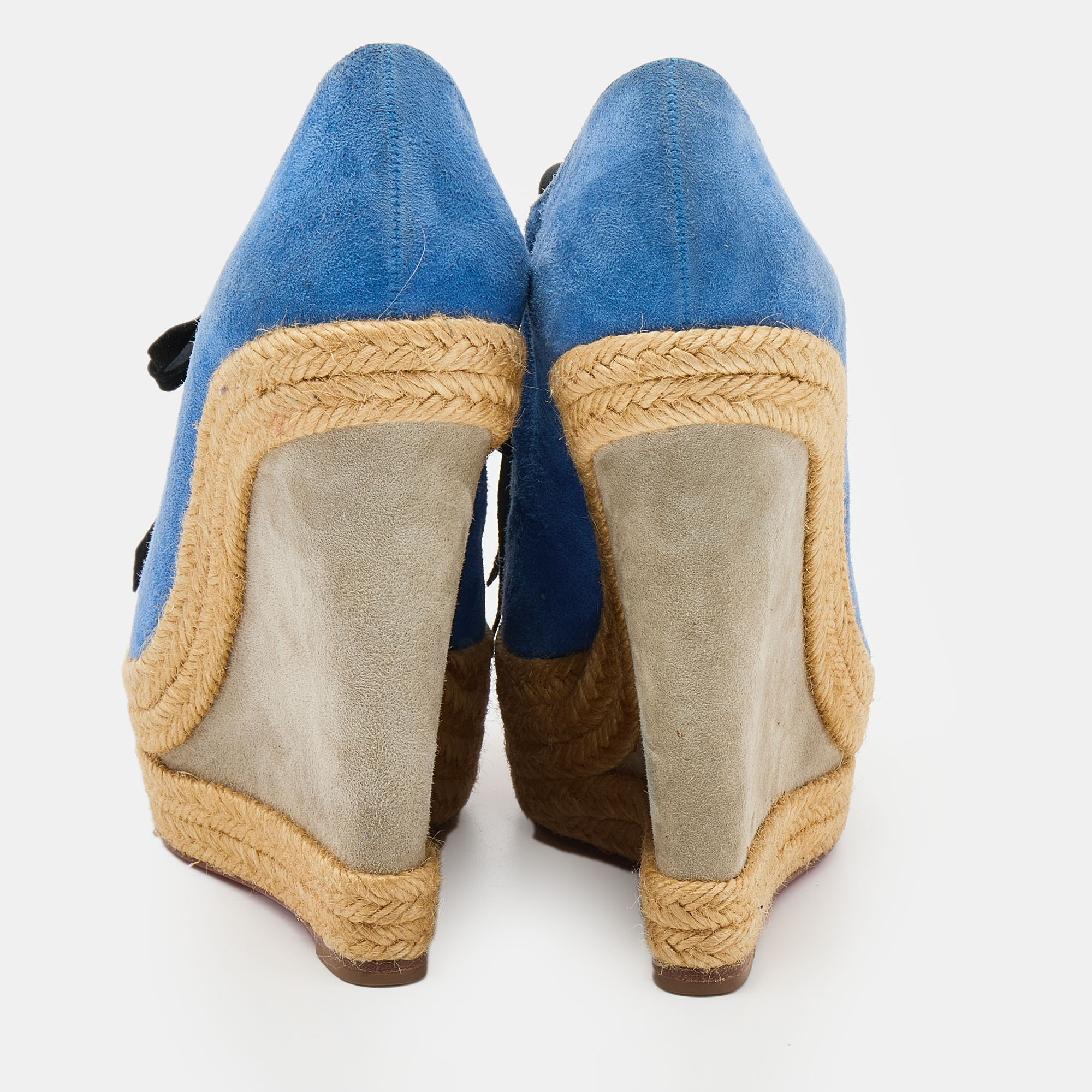 Christian Louboutin Blue/Grey Suede Lace Up Espadrille Platform Wedge Sandals Size 37