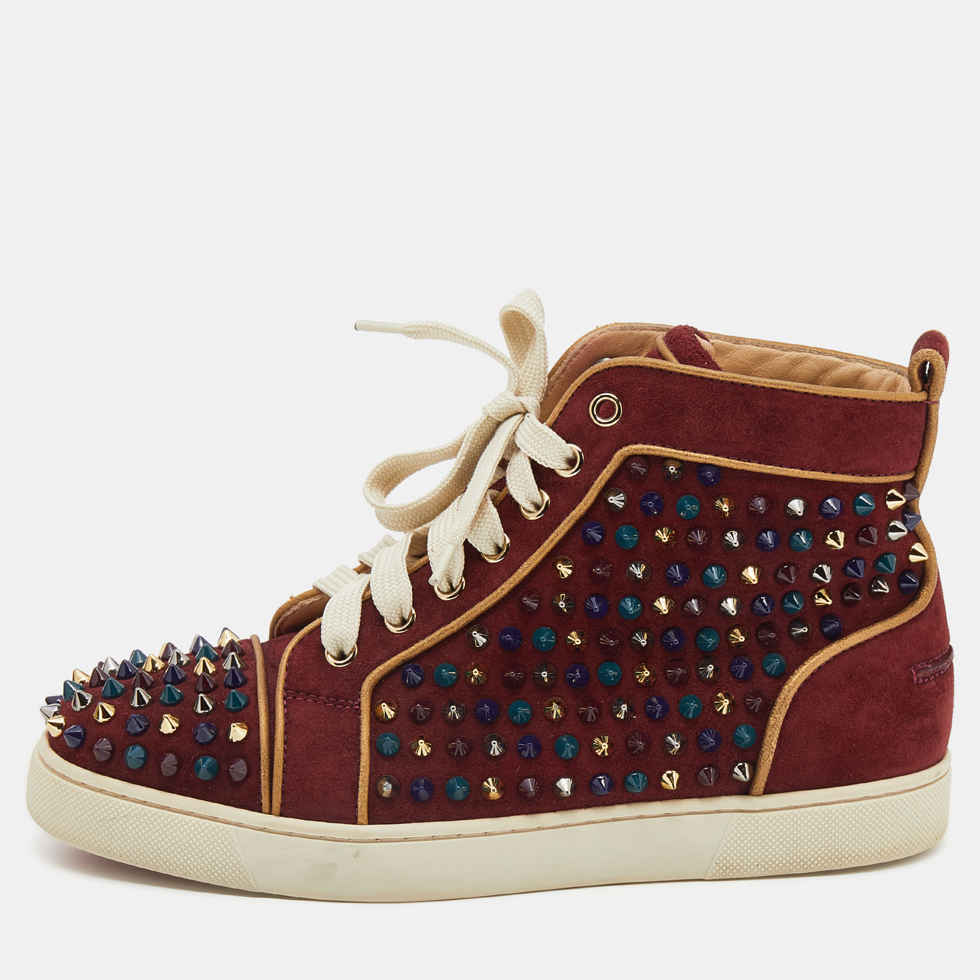 Christian Louboutin Burgundy Suede Louis Spikes High Top Sneakers Size 37.5