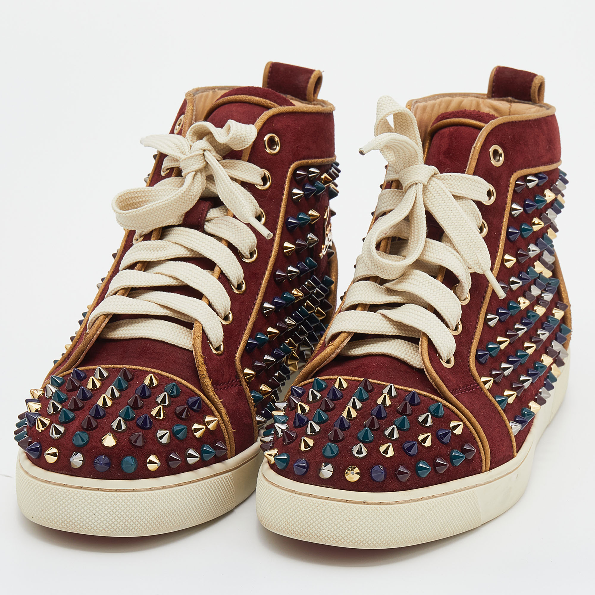 Christian Louboutin Burgundy Suede Louis Spikes High Top Sneakers Size 37.5