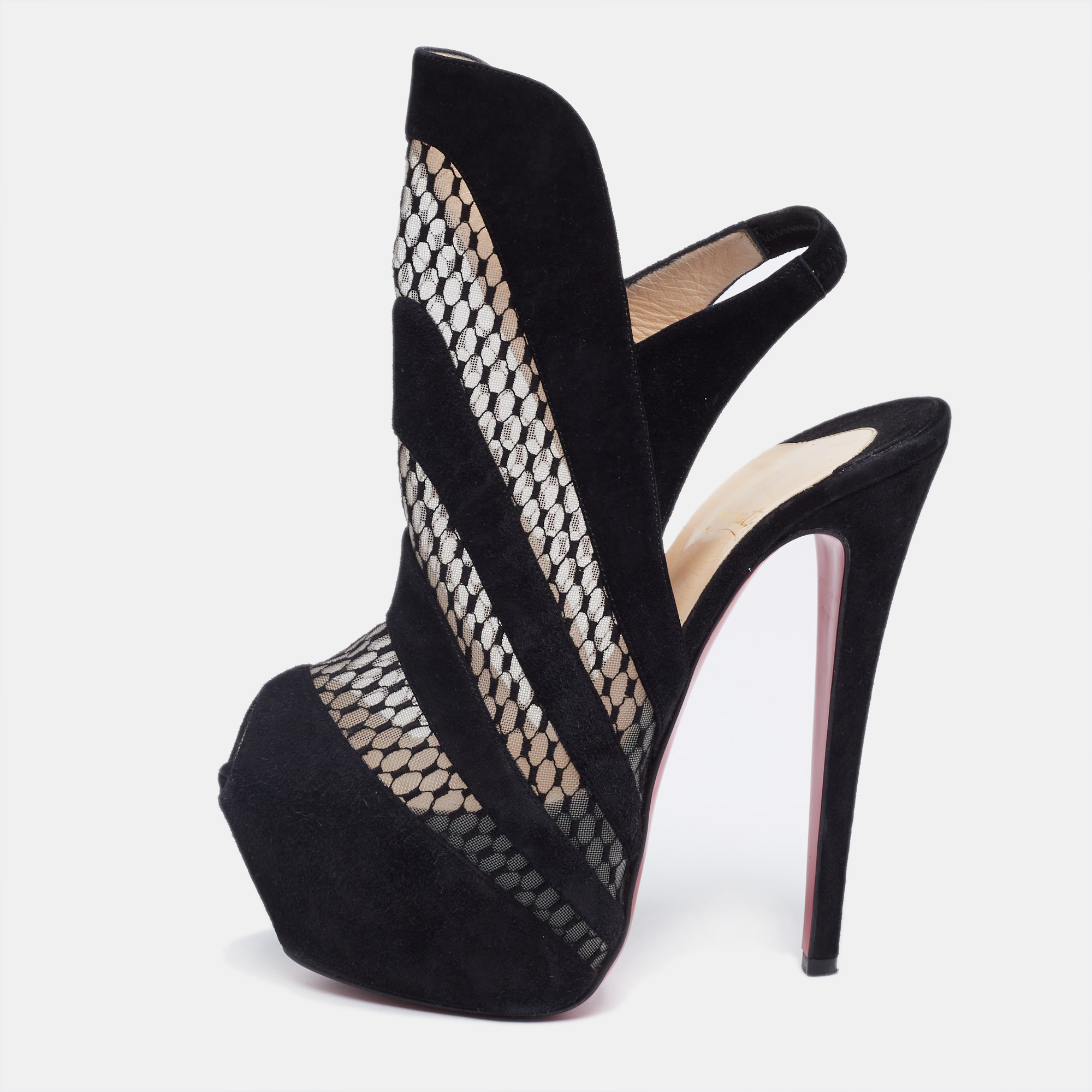 Christian Louboutin Black Suede And Mesh Guizi Platform Ankle Booties Size 38