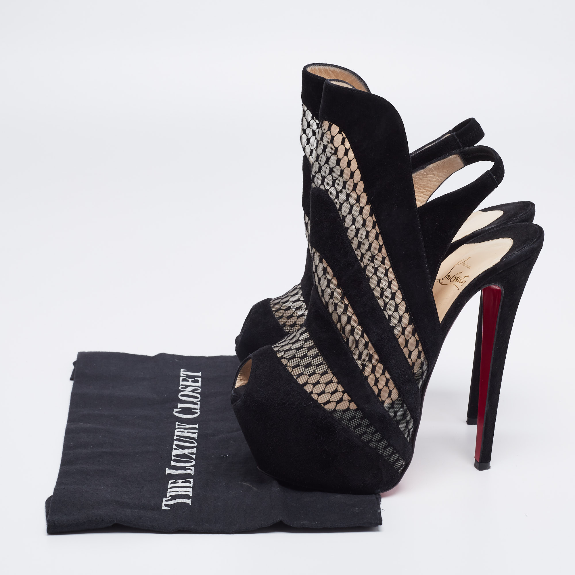 Christian Louboutin Black Suede And Mesh Guizi Platform Ankle Booties Size 38