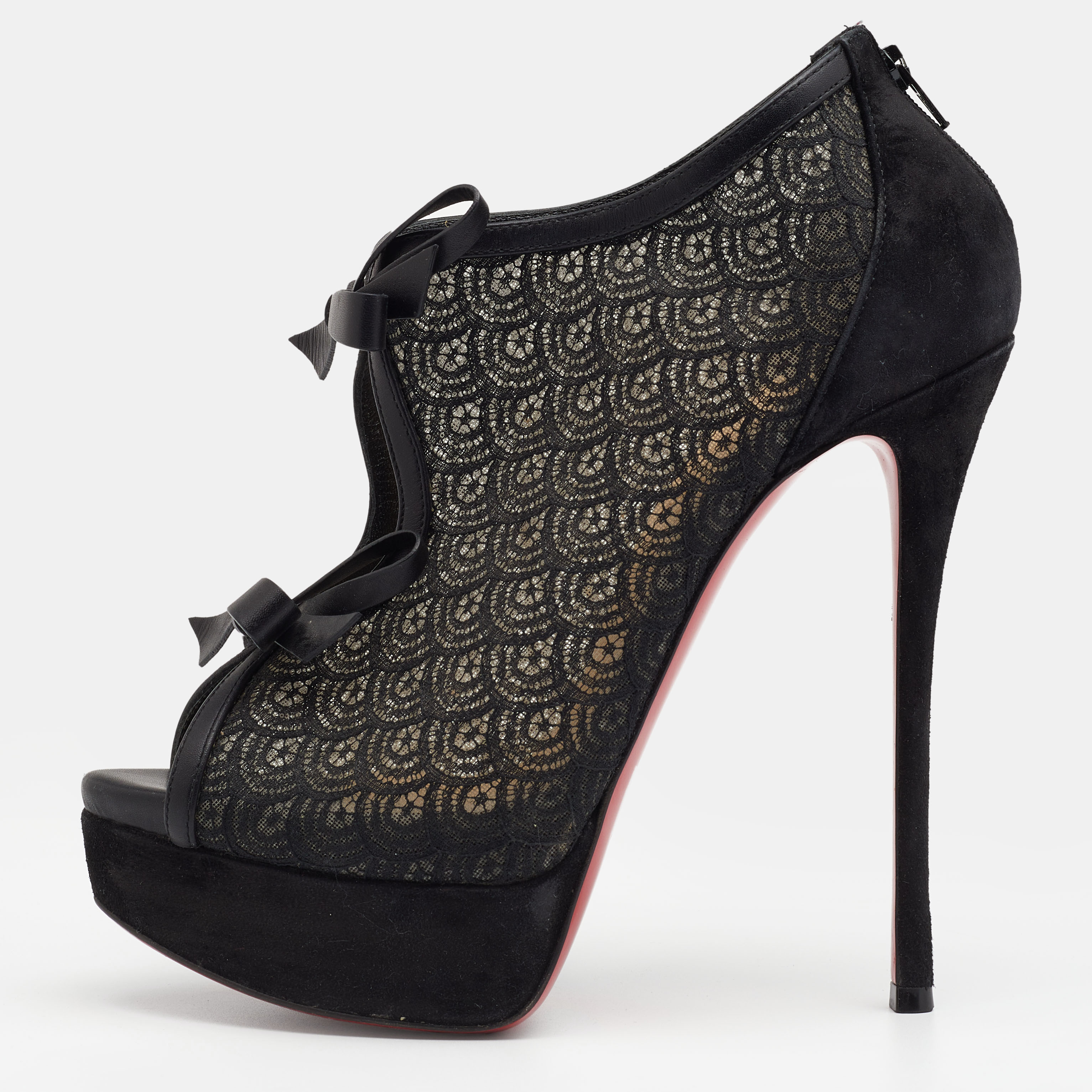 Christian louboutin black suede, lace and mesh empiralta bow open toe ankle booties size 37