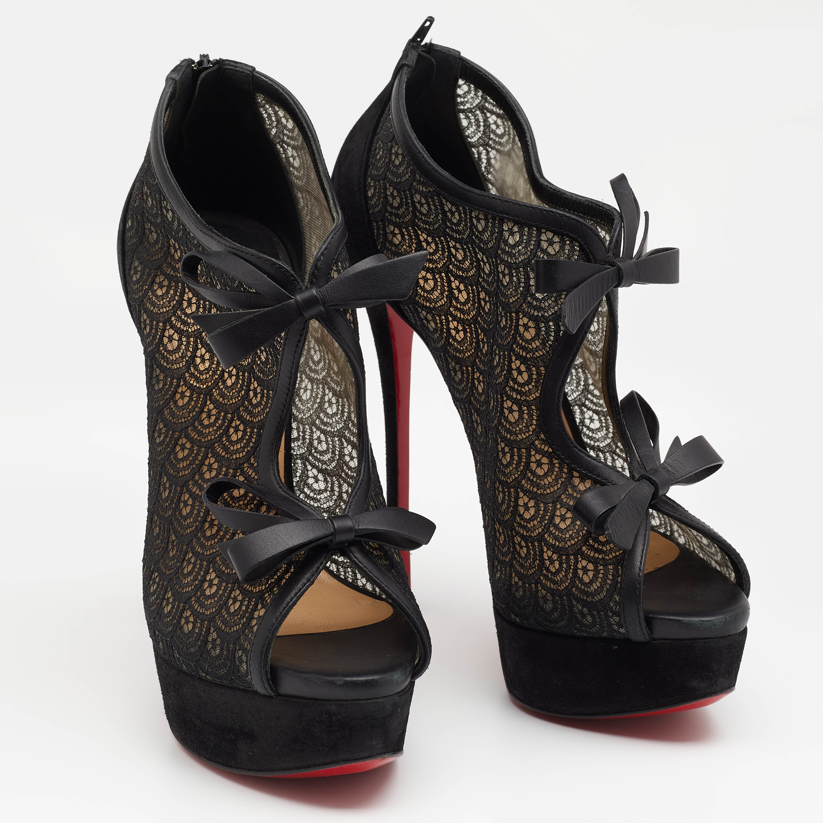 Christian Louboutin Black Suede, Lace And Mesh Empiralta Bow Open Toe Ankle Booties Size 37