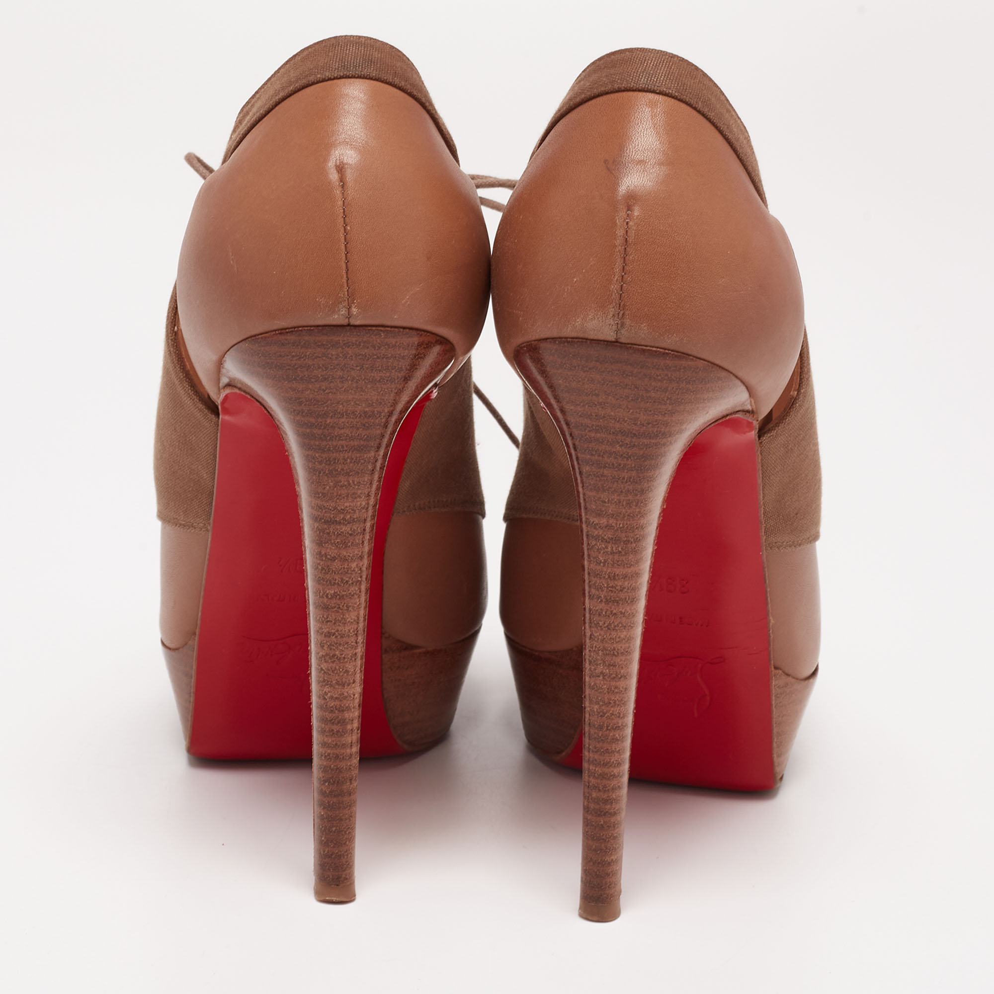 Christian Louboutin Tan/Brown Leather And Canvas Lace-Up Ankle Booties Size 39.5