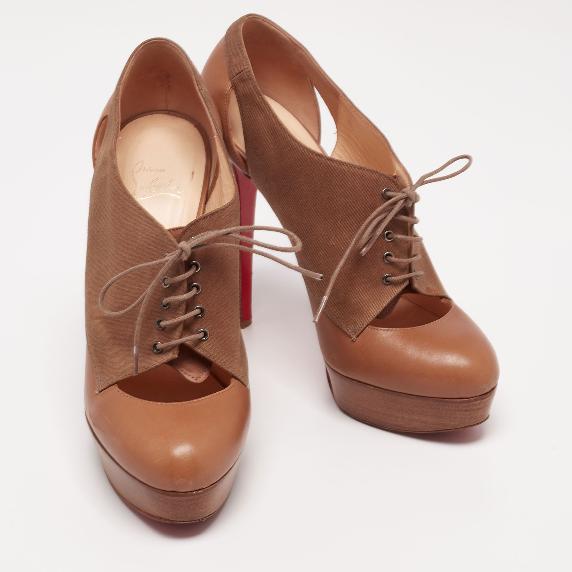 Christian Louboutin Tan/Brown Leather And Canvas Lace-Up Ankle Booties Size 39.5