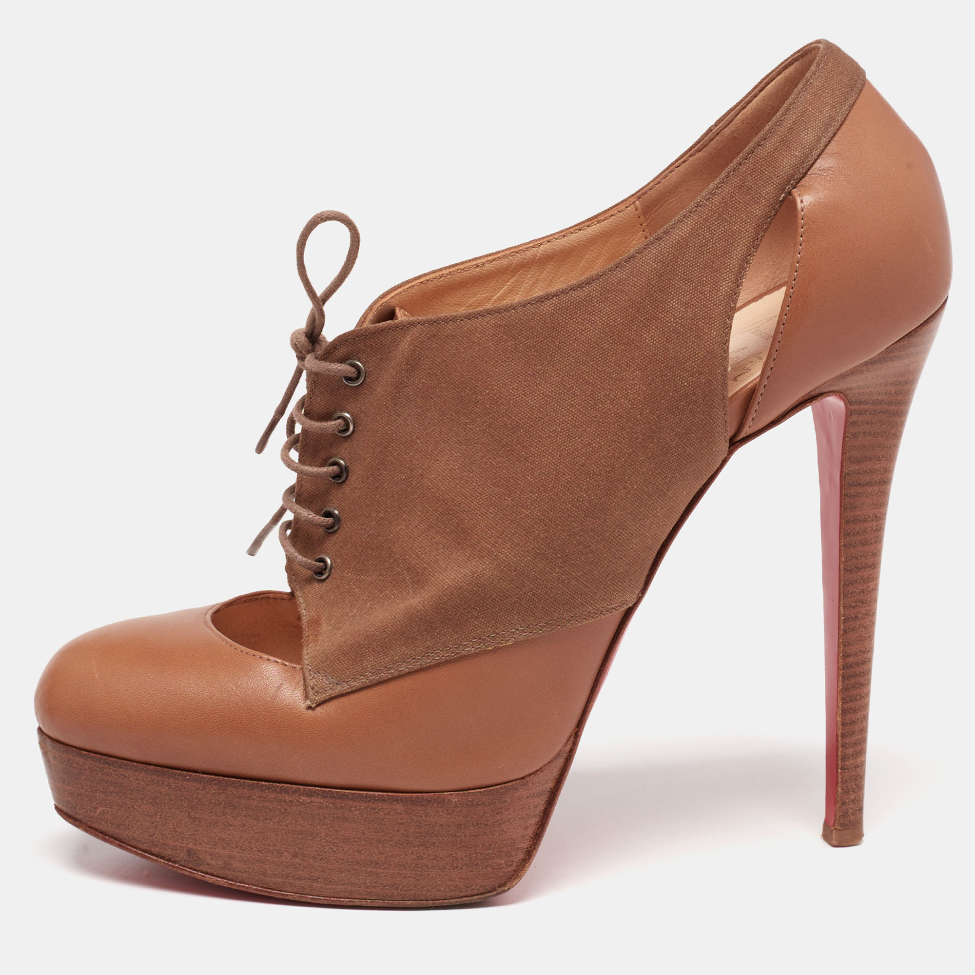 Christian louboutin tan/brown leather and canvas lace-up ankle booties size 39.5
