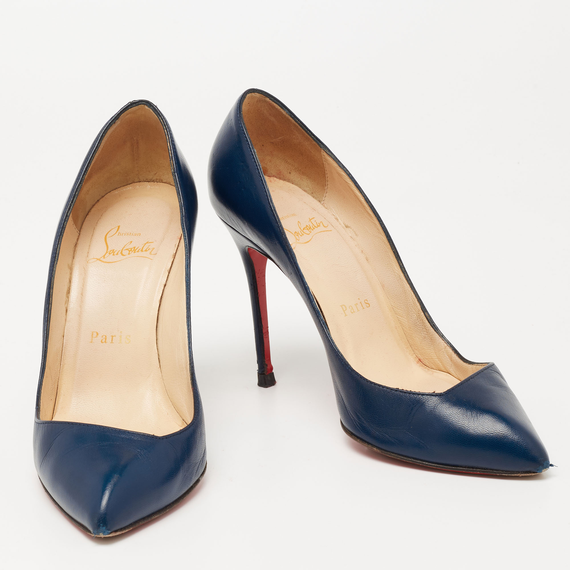 Christian Louboutin Navy Blue Leather Corneille Pointed Toe Pumps Size 35