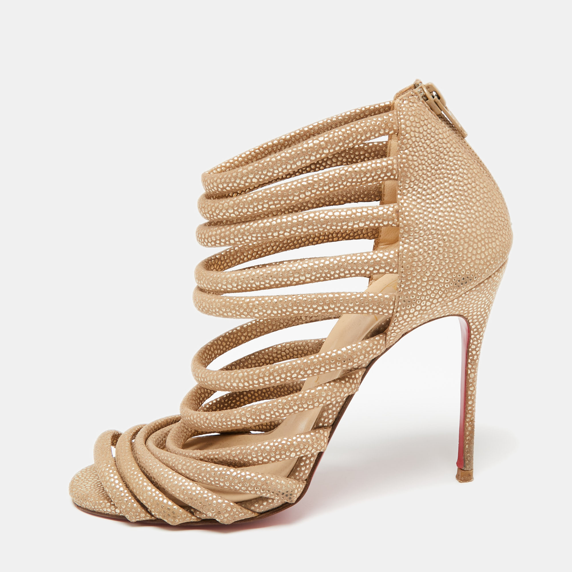 Christian louboutin gold/brown textured suede open-toe strappy sandals size 37