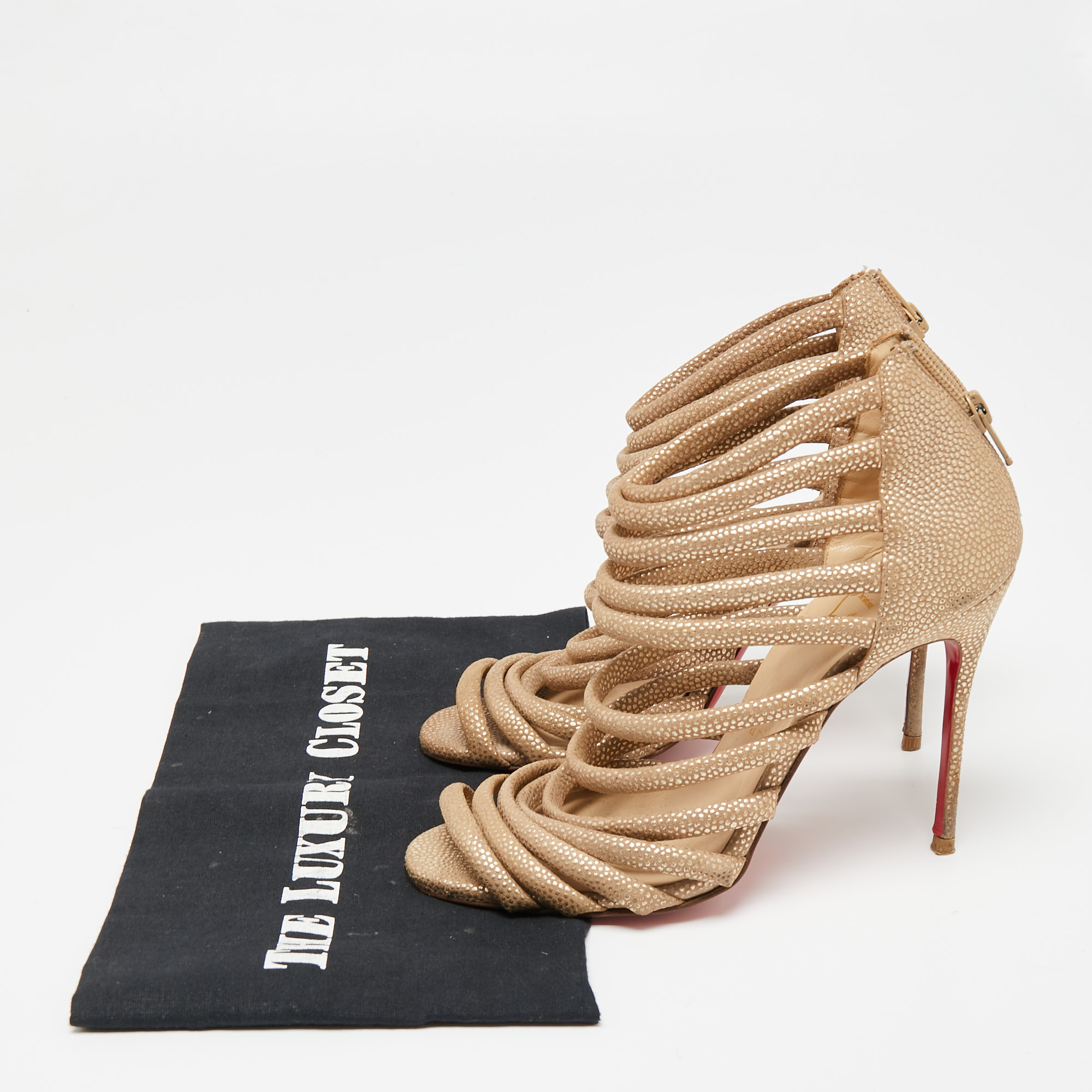 Christian Louboutin Gold/Brown Textured Suede Open-Toe Strappy Sandals Size 37