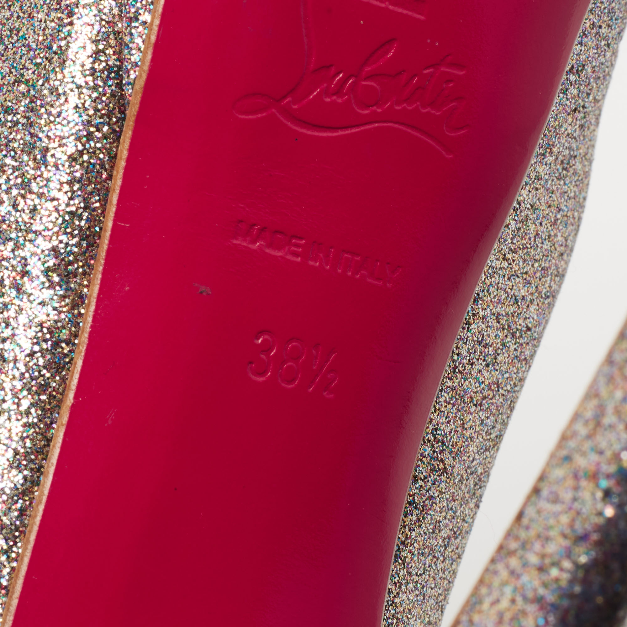 Christian Louboutin Metallic Multicolor Glitter Lady Peep Toe Platform Pumps Size 38.5