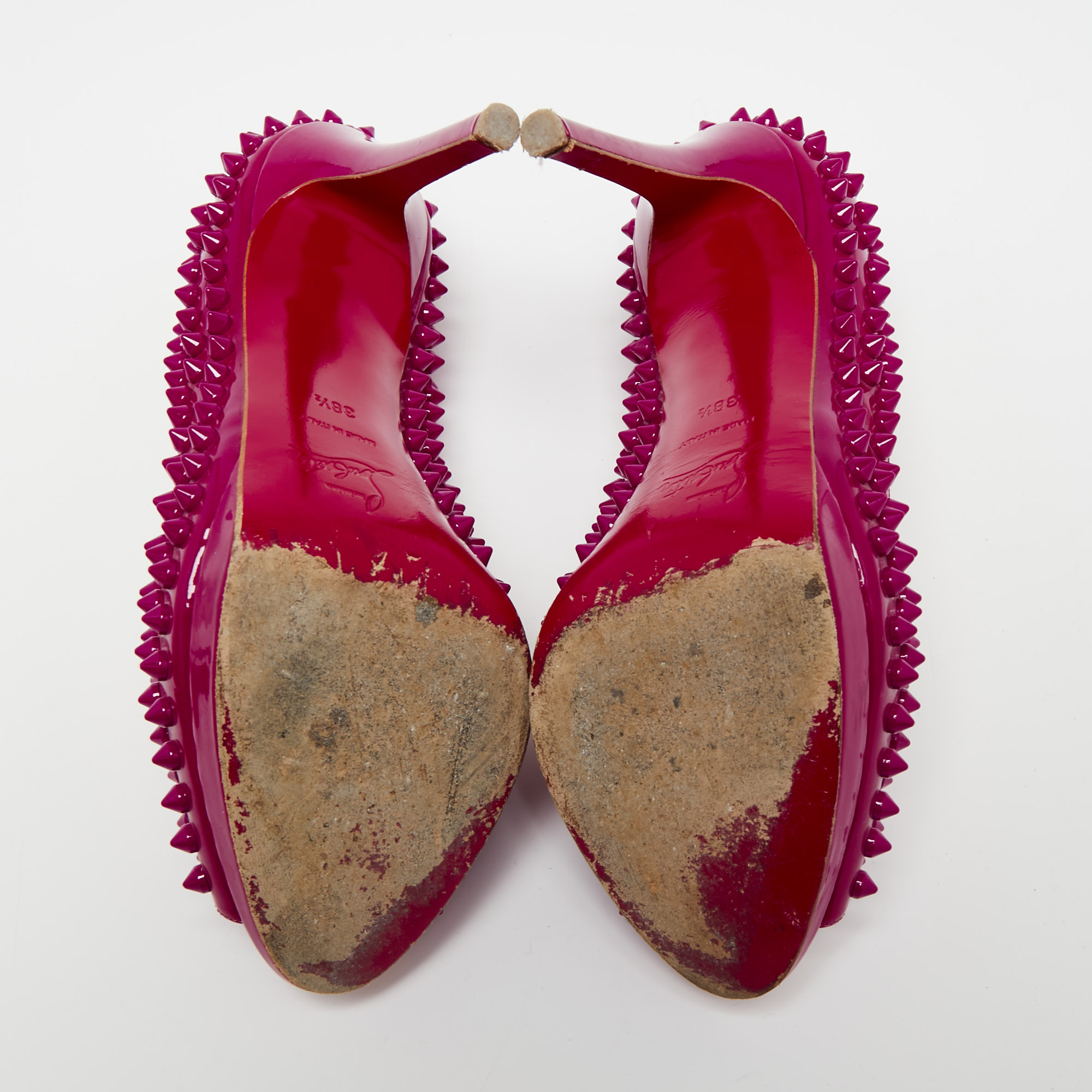 Christian Louboutin Hot Pink Patent Leather Yolanda Spiked Peep-Toe Pumps Size 38.5