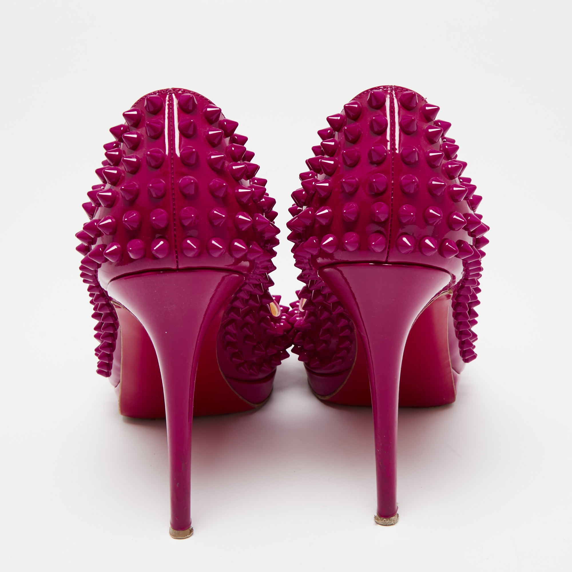 Christian Louboutin Hot Pink Patent Leather Yolanda Spiked Peep-Toe Pumps Size 38.5