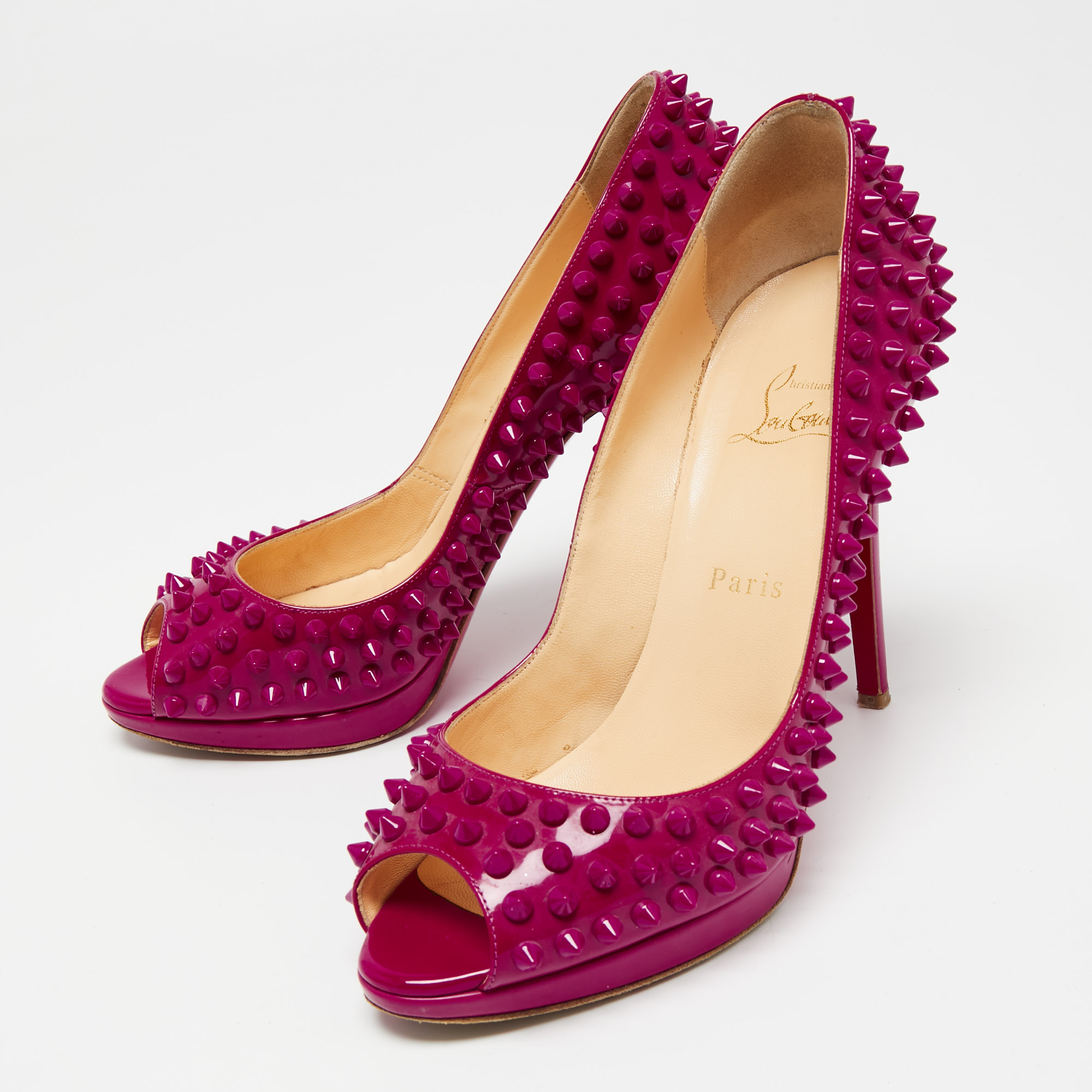 Christian Louboutin Hot Pink Patent Leather Yolanda Spiked Peep-Toe Pumps Size 38.5