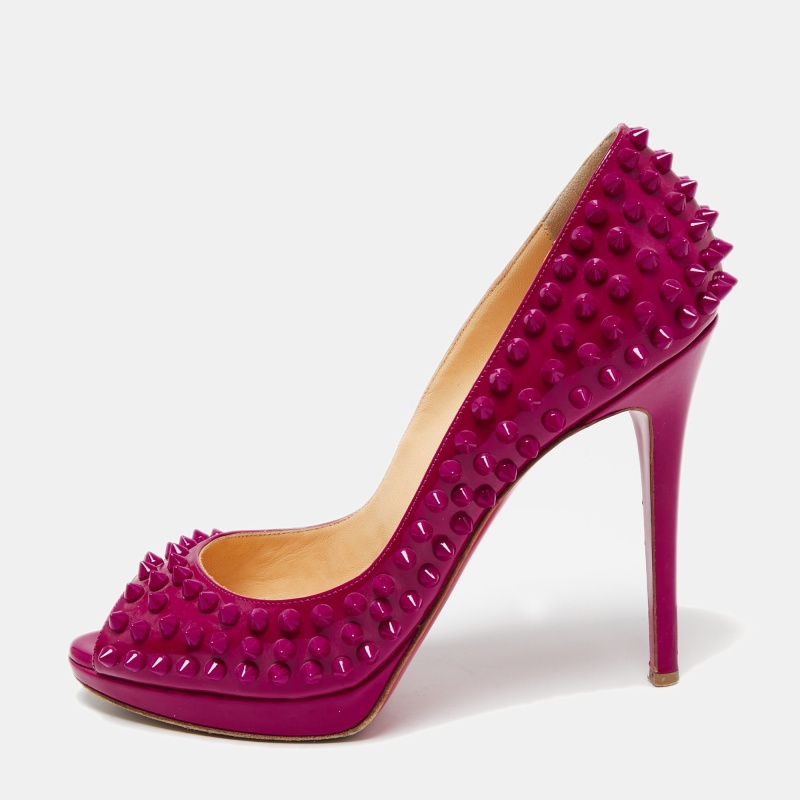 Christian Louboutin Hot Pink Patent Leather Yolanda Spiked Peep-Toe Pumps Size 38.5