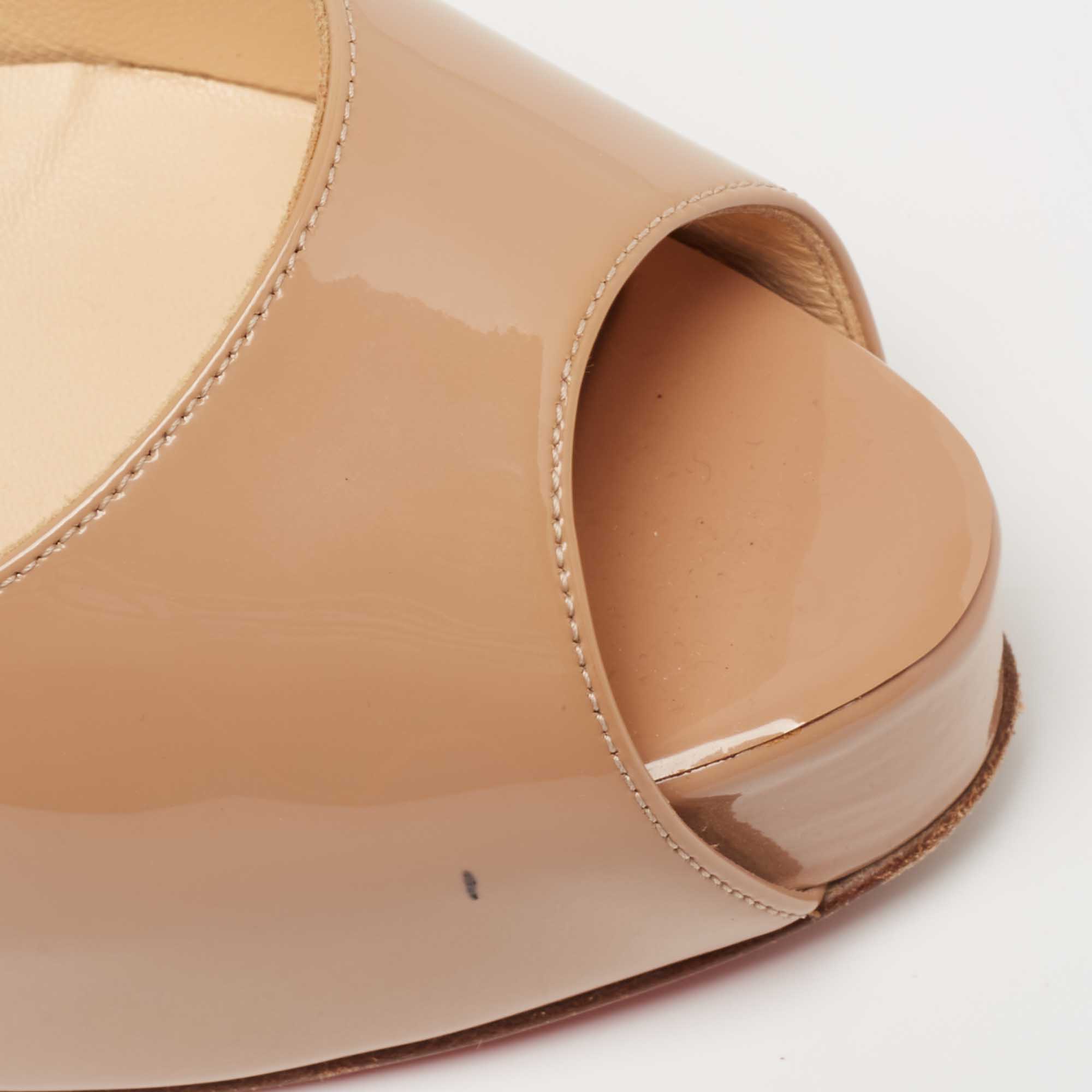 Christian Louboutin Beige Patent Leather Very Prive Peep Toe Platform Pumps Size 37.5