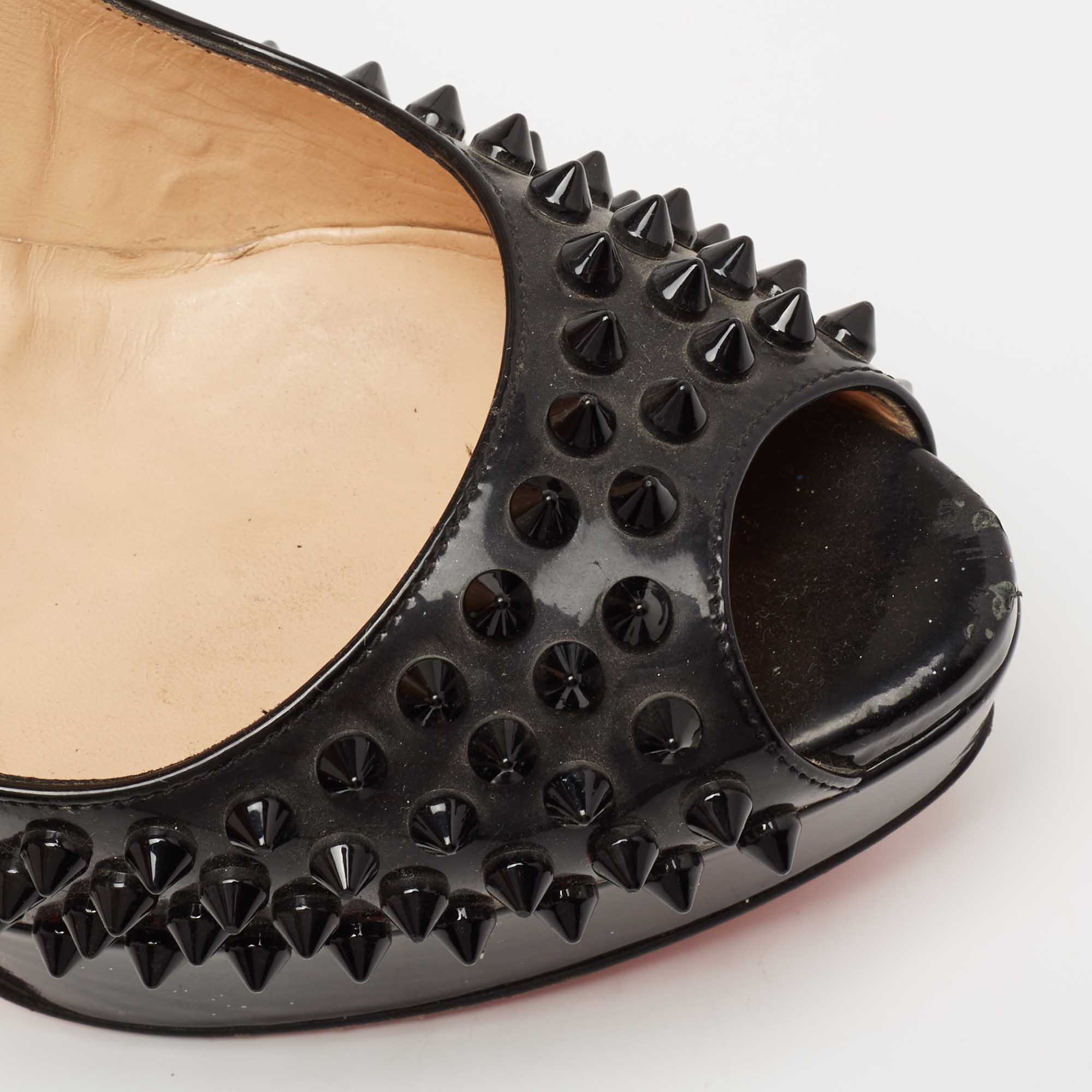 Christian Louboutin Black Leather Lady Peep Spike Peep Toe Platform Pumps Size 39
