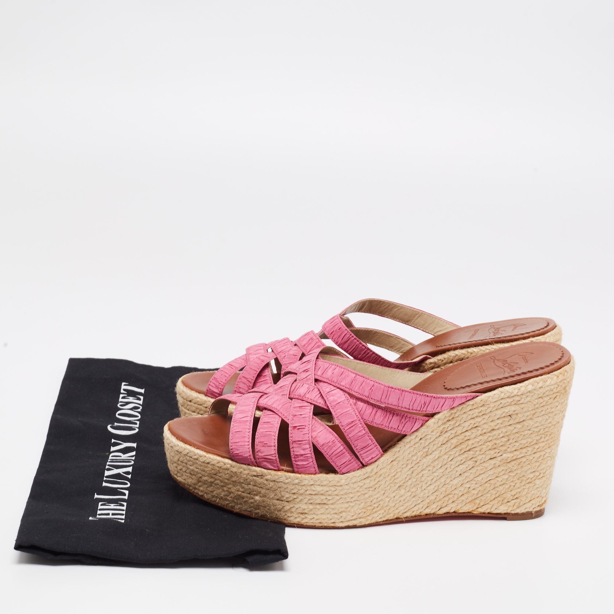 Christian Louboutin Pink Pleated Fabric Espadrille Platform Wedge Sandals Size 41