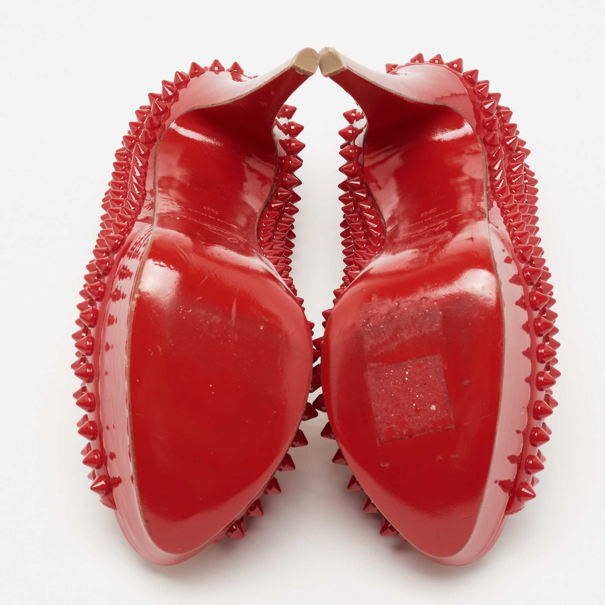 Christian Louboutin Red Patent Leather Lady Peep-Toe Spike Platform Pumps Size 36