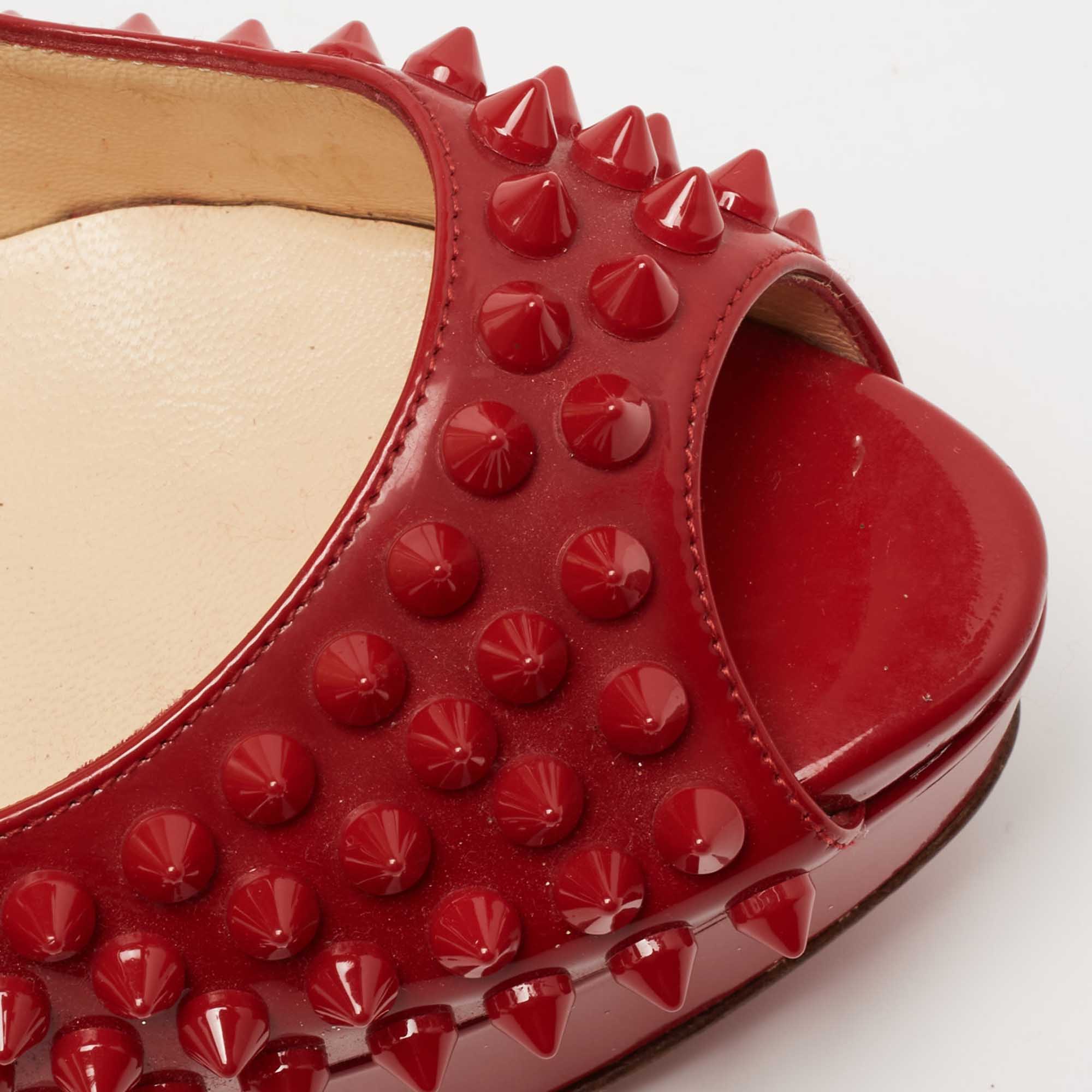 Christian Louboutin Red Patent Leather Lady Peep-Toe Spike Platform Pumps Size 36