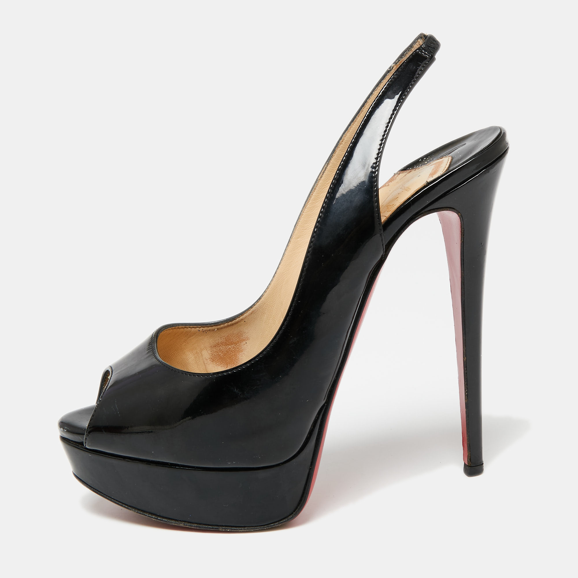 Christian Louboutin Black Patent Leather Lady Peep-Toe Slingback Platform Sandals Size 38.5