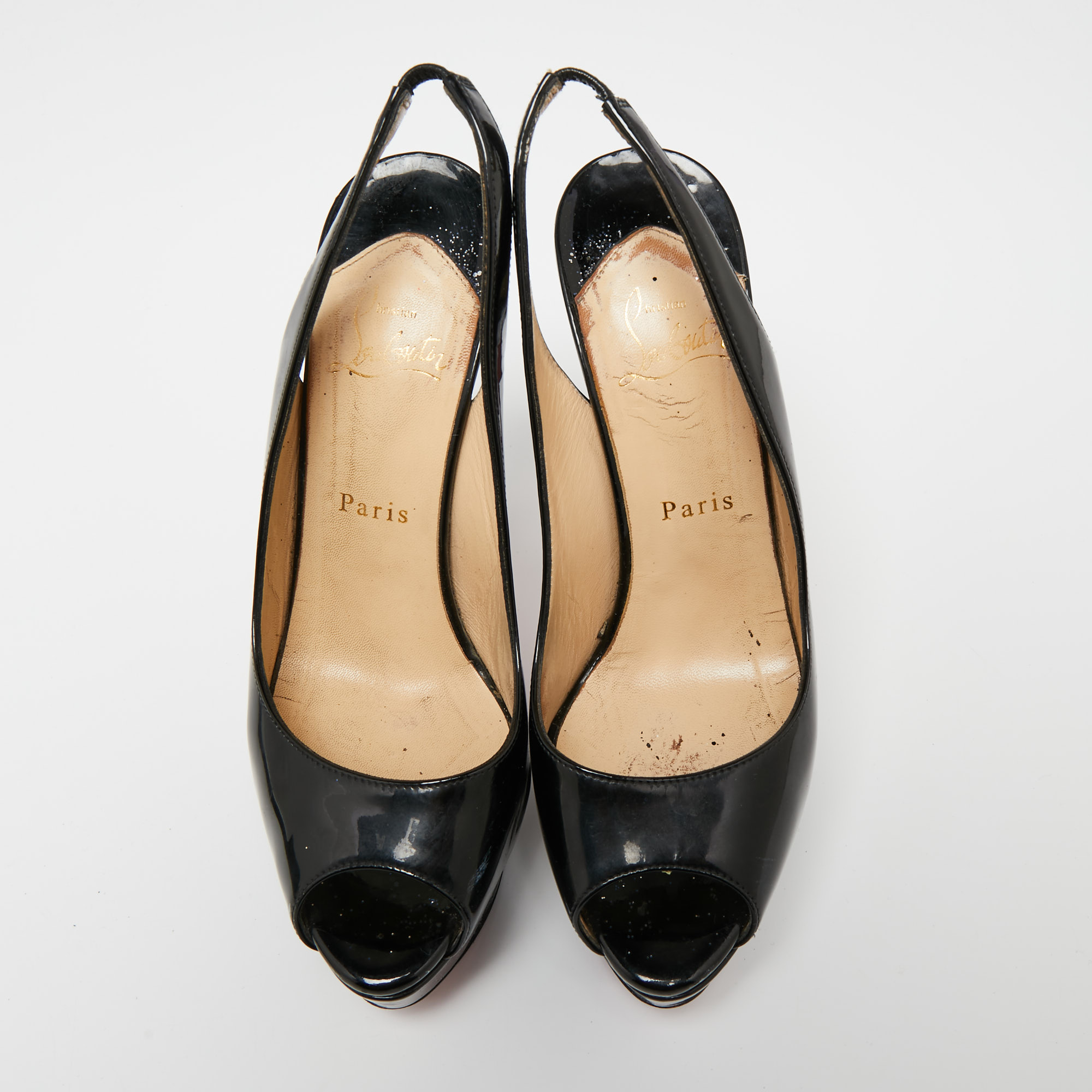 Christian Louboutin Black Patent Leather Lady Peep-Toe Slingback Platform Sandals Size 38.5