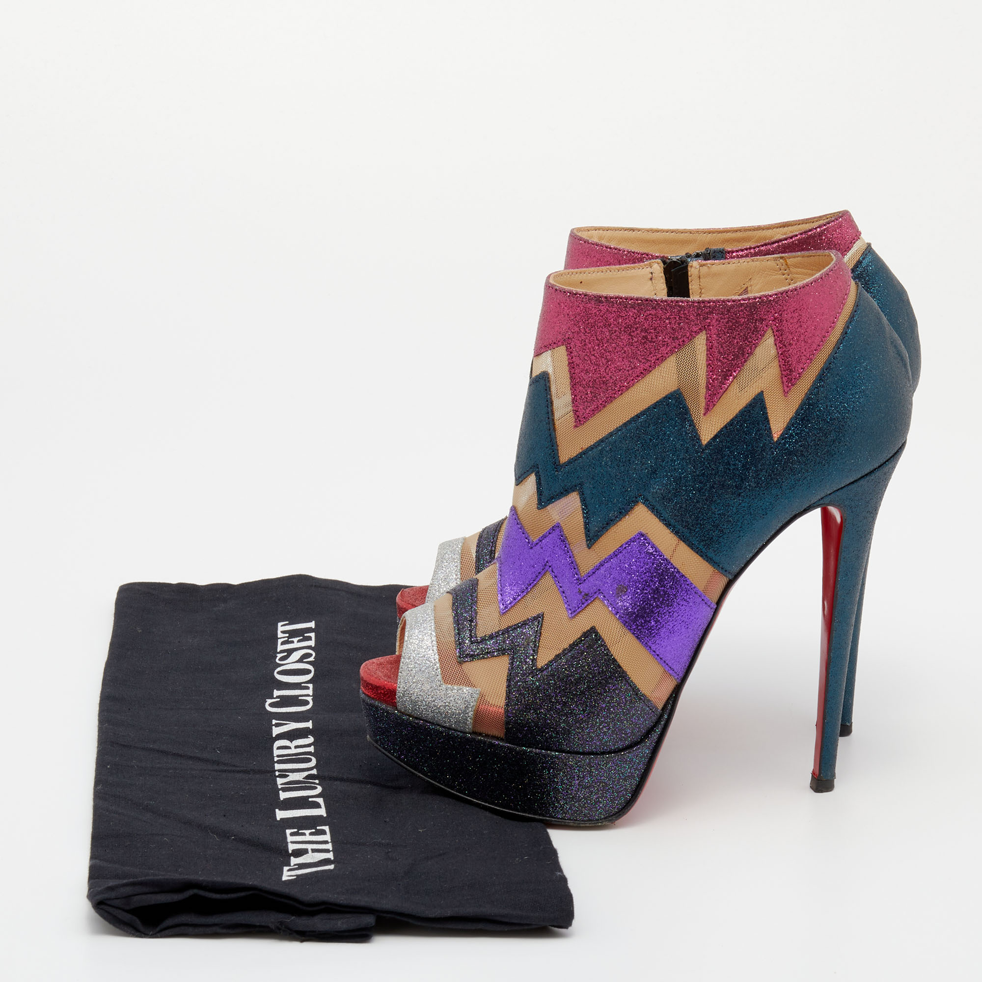Christian Louboutin Multicolor Glitter And Mesh Ziggy Peep-Toe Ankle Booties Size37.5