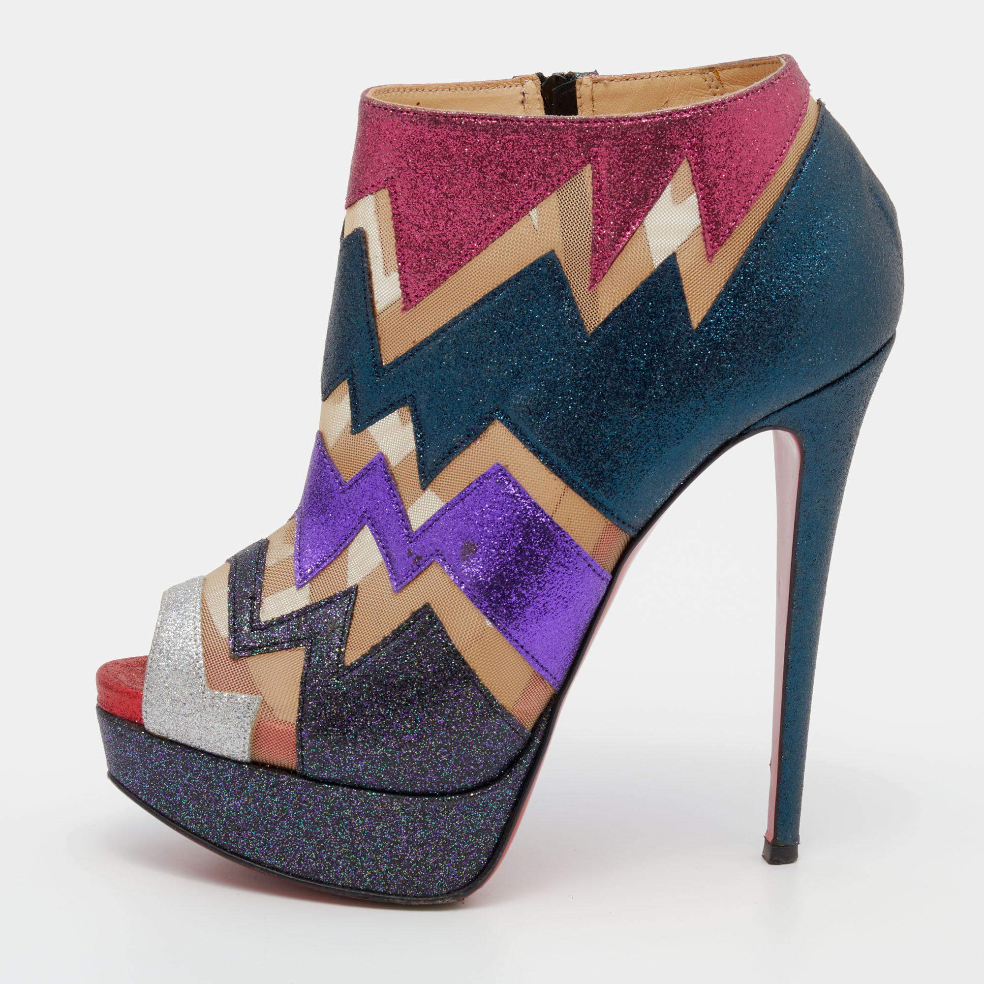 Christian louboutin multicolor glitter and mesh ziggy peep-toe ankle booties size37.5