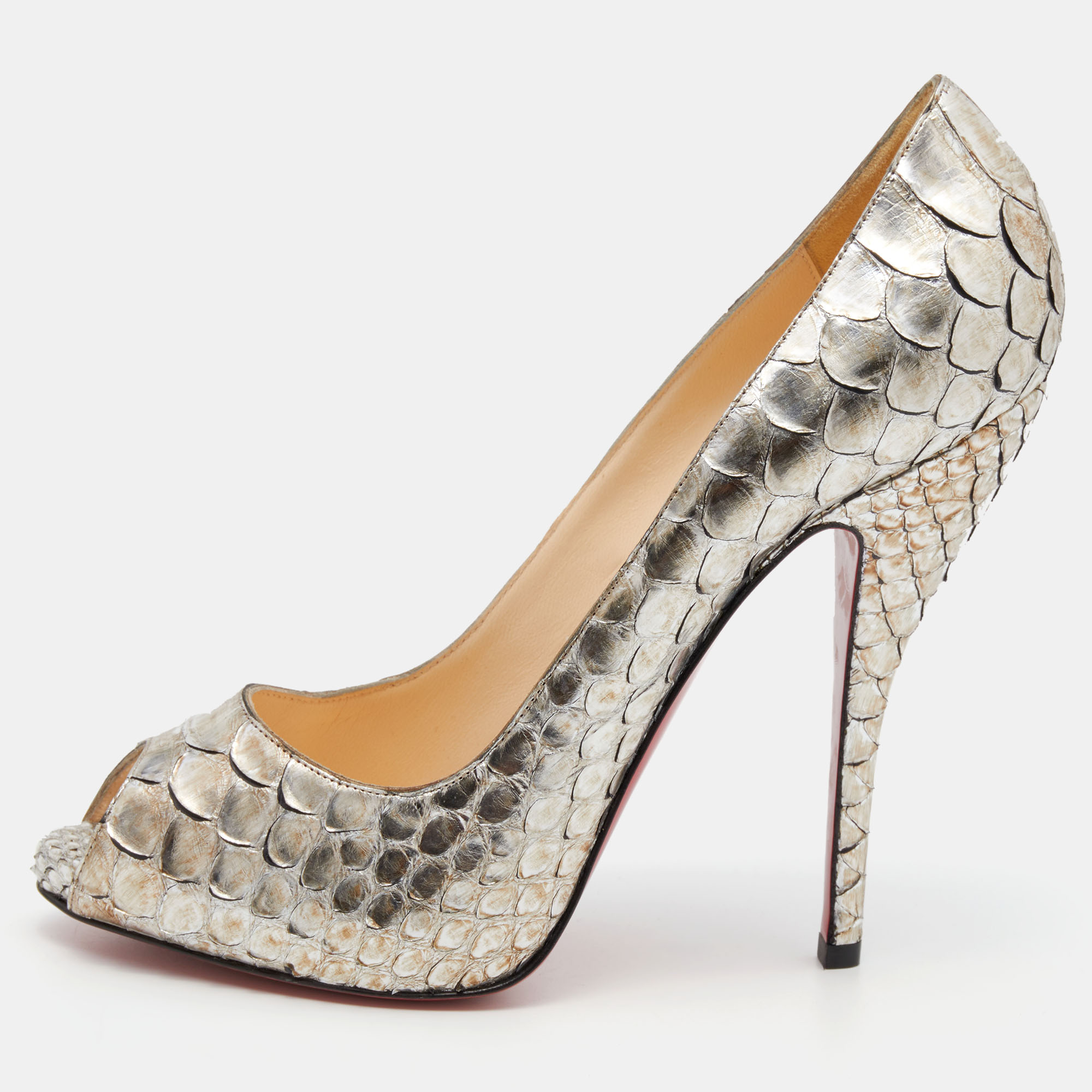 Christian Louboutin Metallic Two-Tone Python Very Prive Peep Toe Pumps Size 38