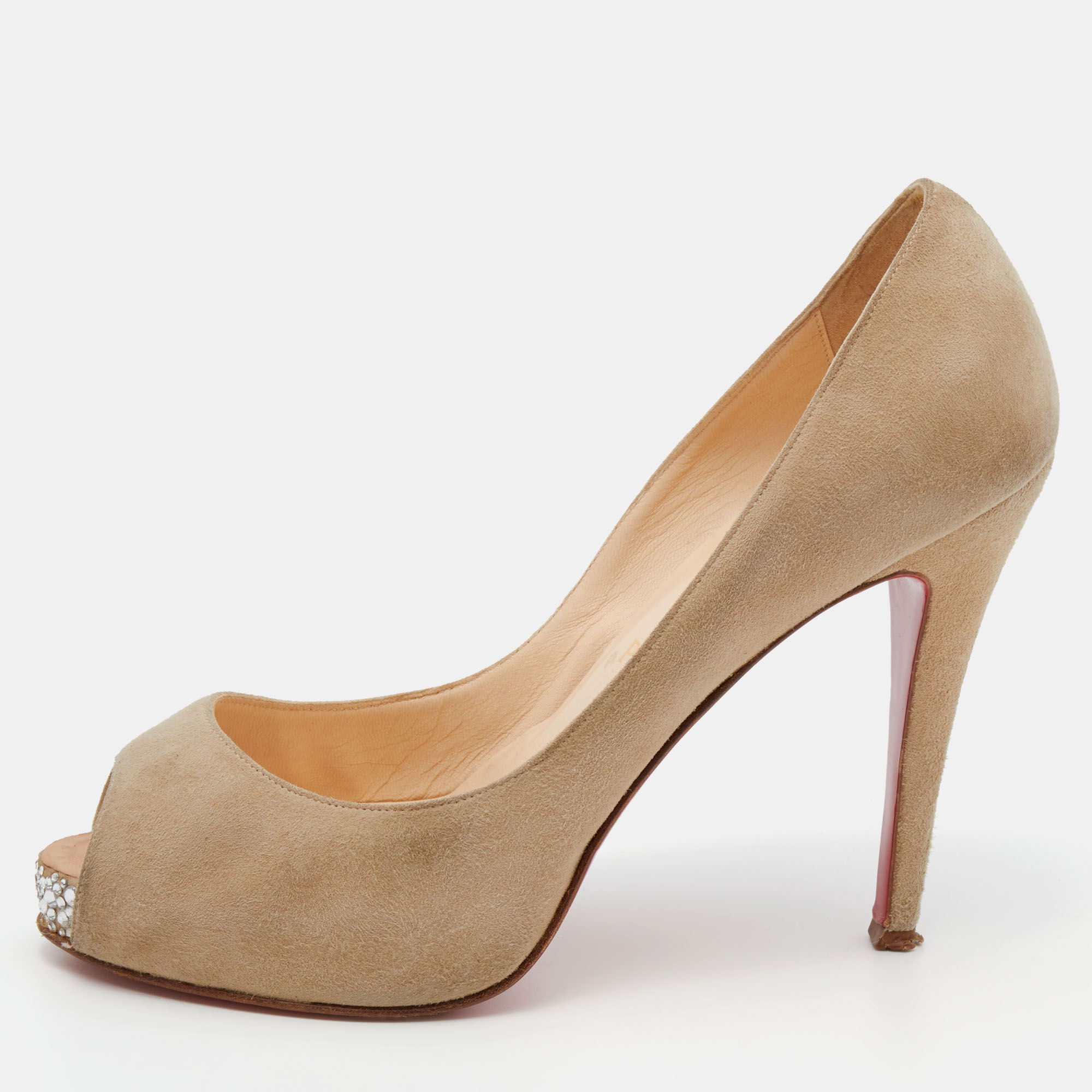 Christian louboutin beige suede very prive crystal embellished peep toe pumps size 38.5