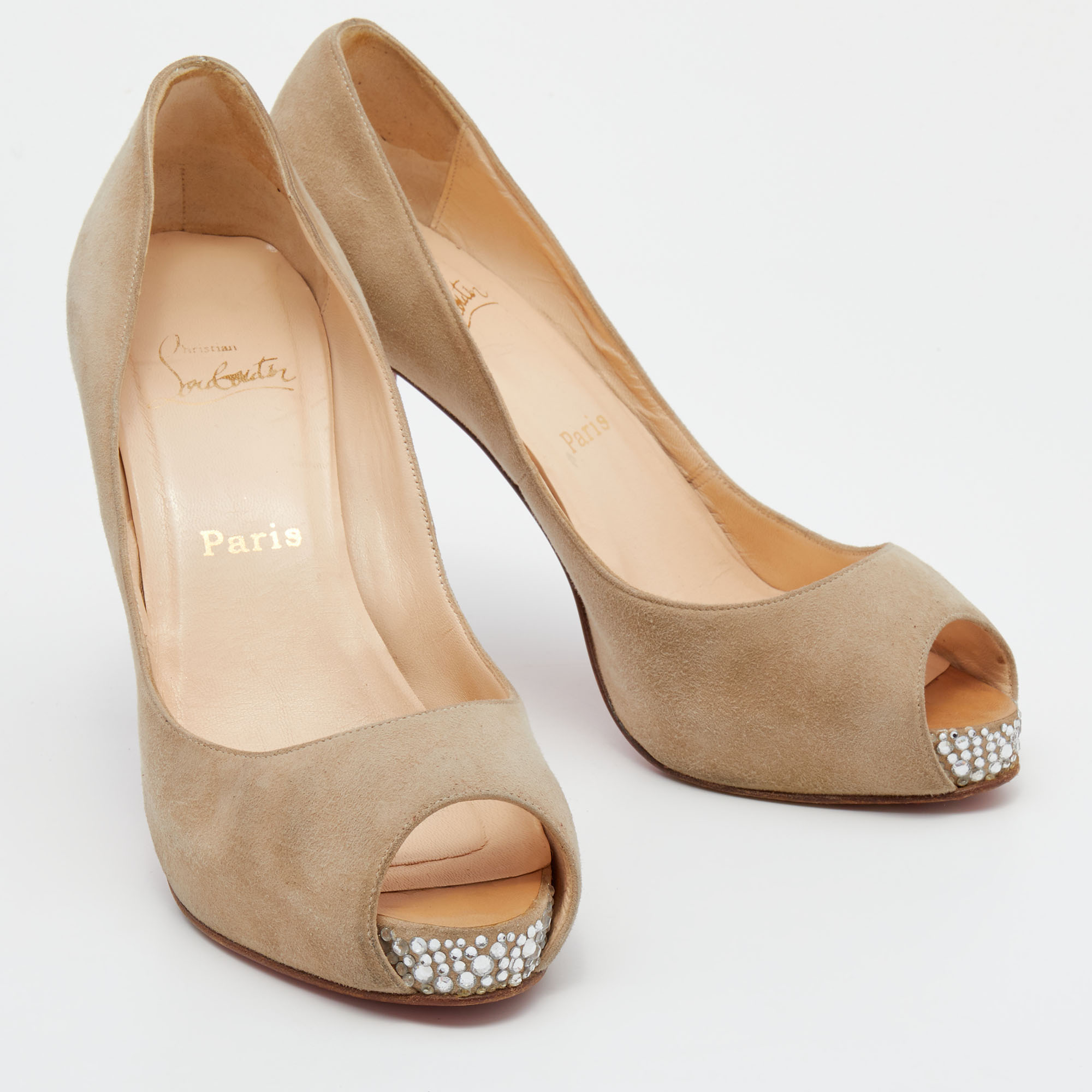 Christian Louboutin Beige Suede Very Prive Crystal Embellished Peep Toe Pumps Size 38.5