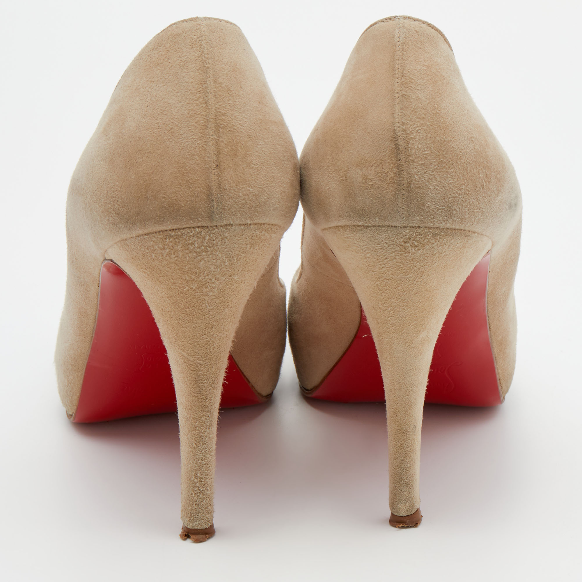 Christian Louboutin Beige Suede Very Prive Crystal Embellished Peep Toe Pumps Size 38.5