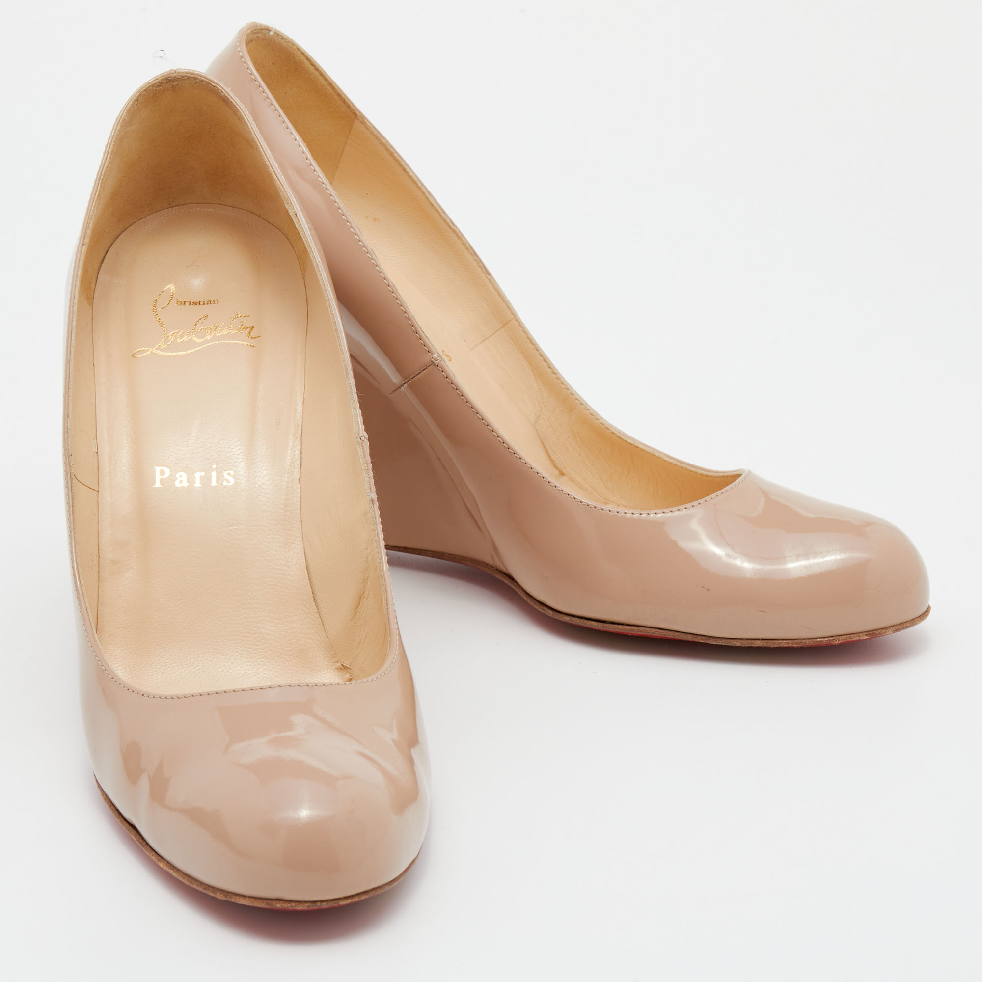Christian Louboutin Beige Patent Leather RonRon Zeppa Wedge Pumps Size 38.5