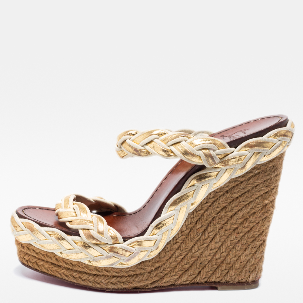 Christian Louboutin Beige/Gold Braided Leather And Suede Espadrille Wedge Slide Sandals Size 38