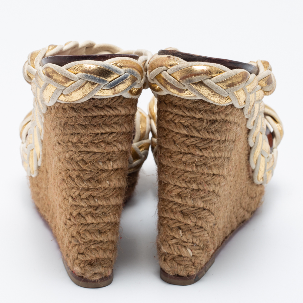 Christian Louboutin Beige/Gold Braided Leather And Suede Espadrille Wedge Slide Sandals Size 38