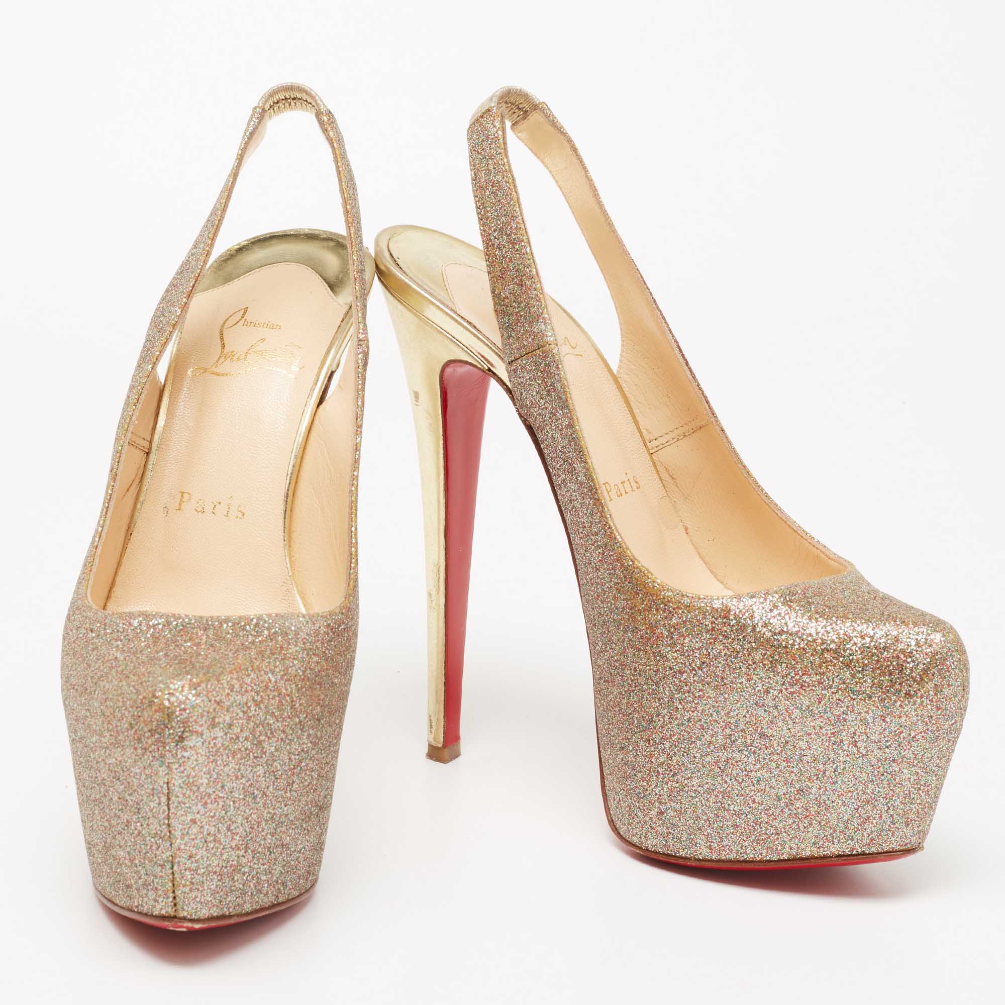 Christian Louboutin Multicolor Glitter Platform Slingback Pumps Size 37