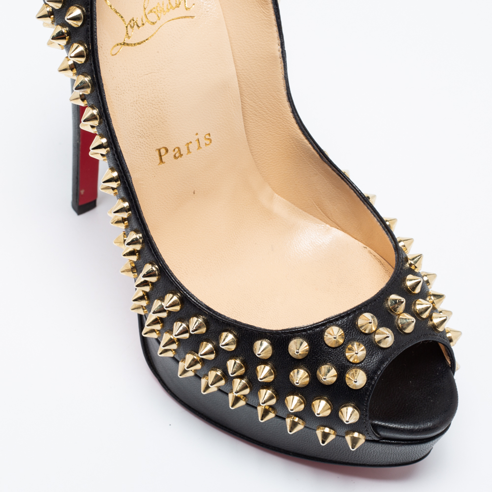 Christian Louboutin Black Leather Lady Peep-Toe Spikes Platform Pumps Size 37