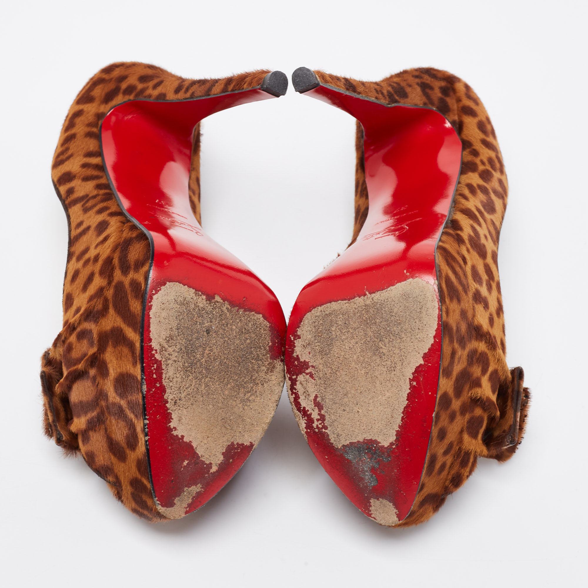 Christian Louboutin Brown/Tan Leopard Print Calf Hair Bow Lady Peep-Toe Platform Pumps Size 37