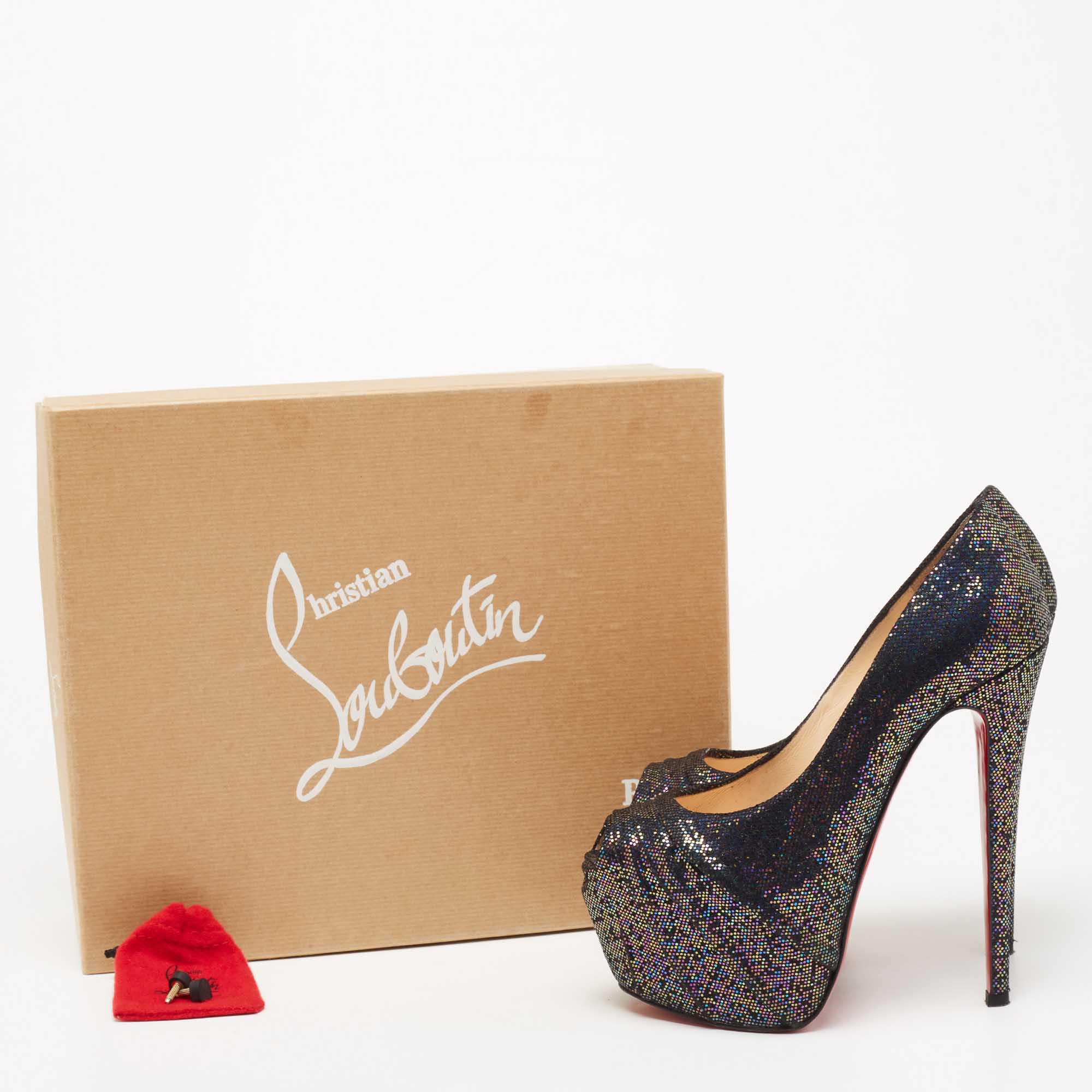 Christian Louboutin Multicolor Glitter Fabric Drapesse Spotlight Peep-Toe Pumps Size 37