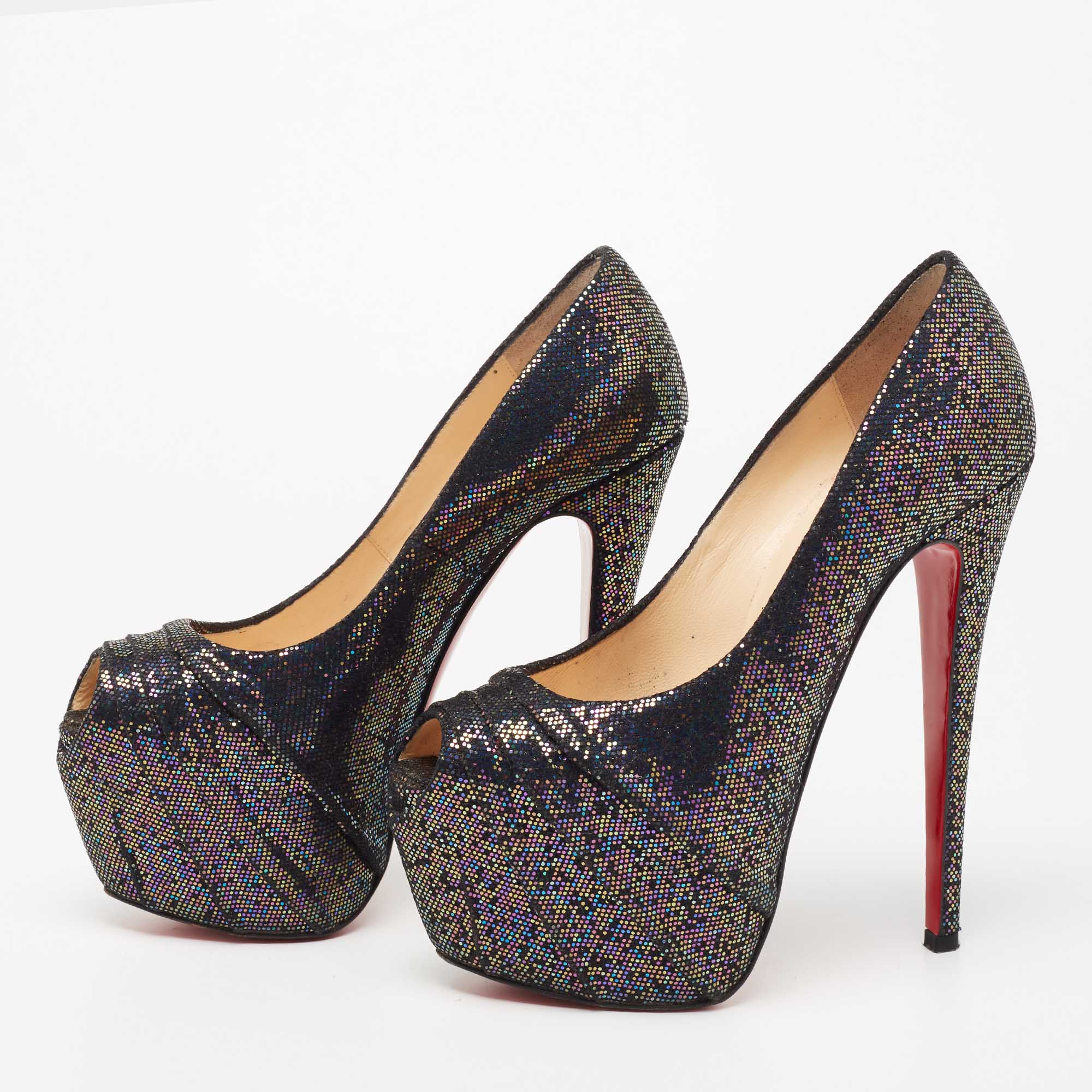 Christian Louboutin Multicolor Glitter Fabric Drapesse Spotlight Peep-Toe Pumps Size 37