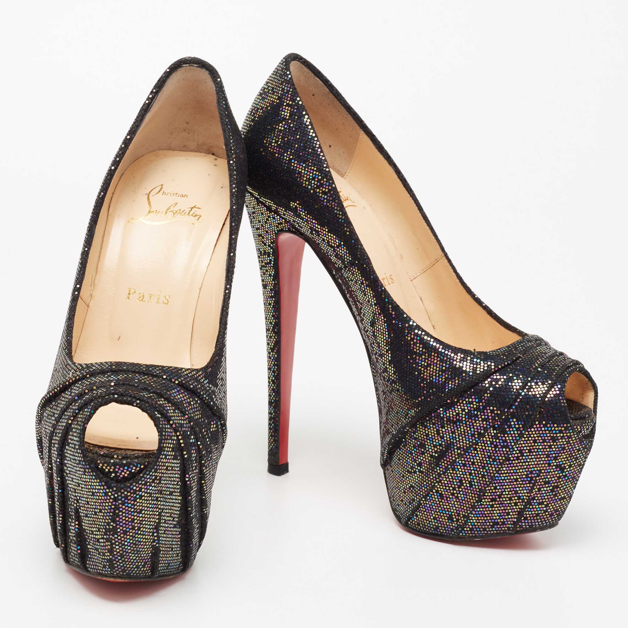 Christian Louboutin Multicolor Glitter Fabric Drapesse Spotlight Peep-Toe Pumps Size 37