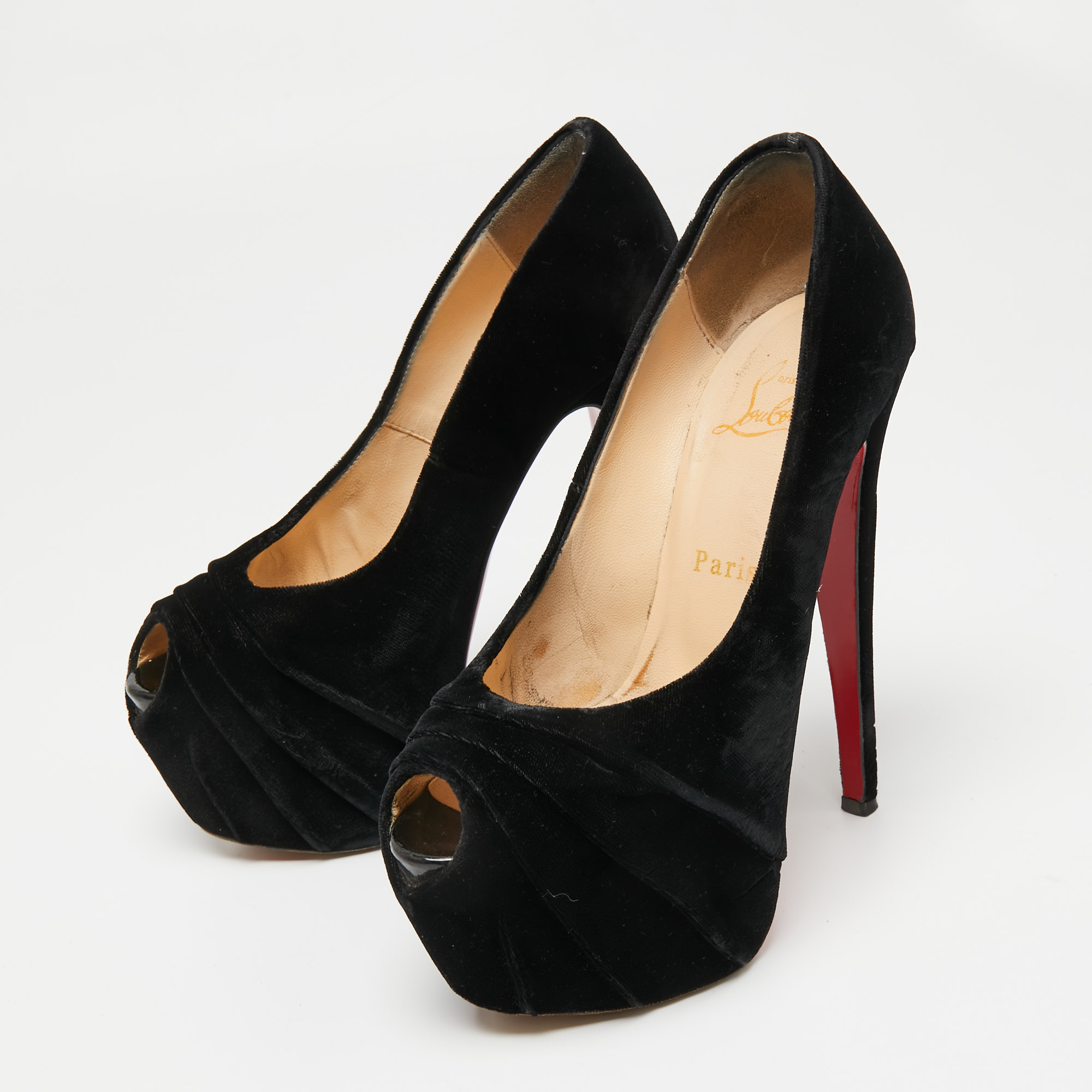 Christian Louboutin Black Velvet Drapesse Peep-Toe Platform Pumps Size 36