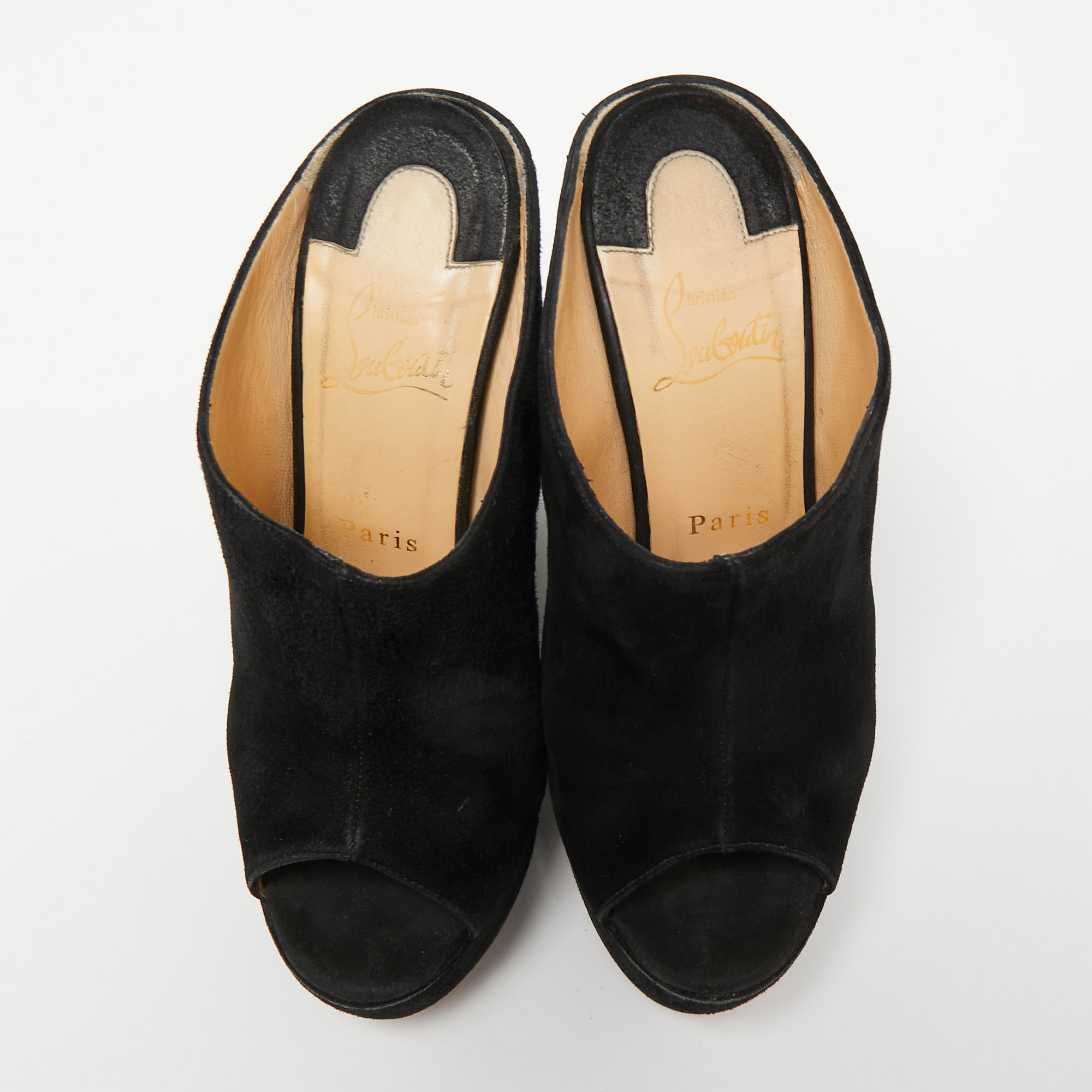 Christian Louboutin Black Suede Affiche Peep-Toe Wedge Slide Sandals Size 36