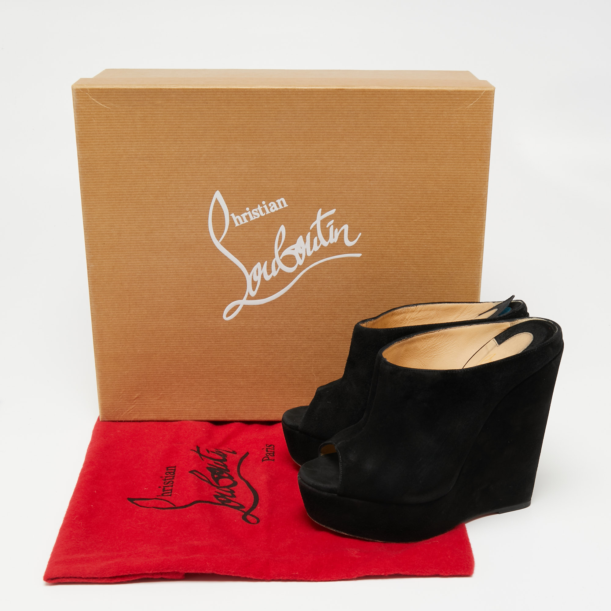 Christian Louboutin Black Suede Affiche Peep-Toe Wedge Slide Sandals Size 36