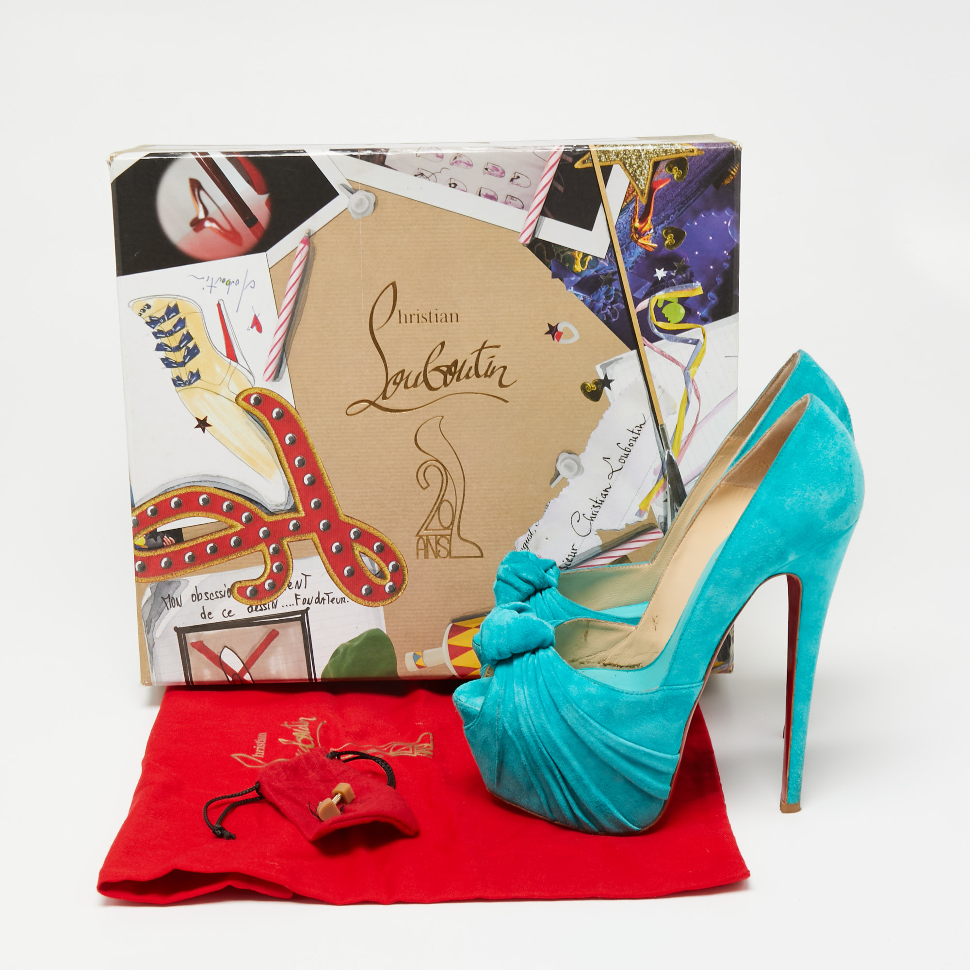 Christian Louboutin Turquoise Suede Lady Gres 20th Anniversary Peep-Toe Platform Pumps Size 37