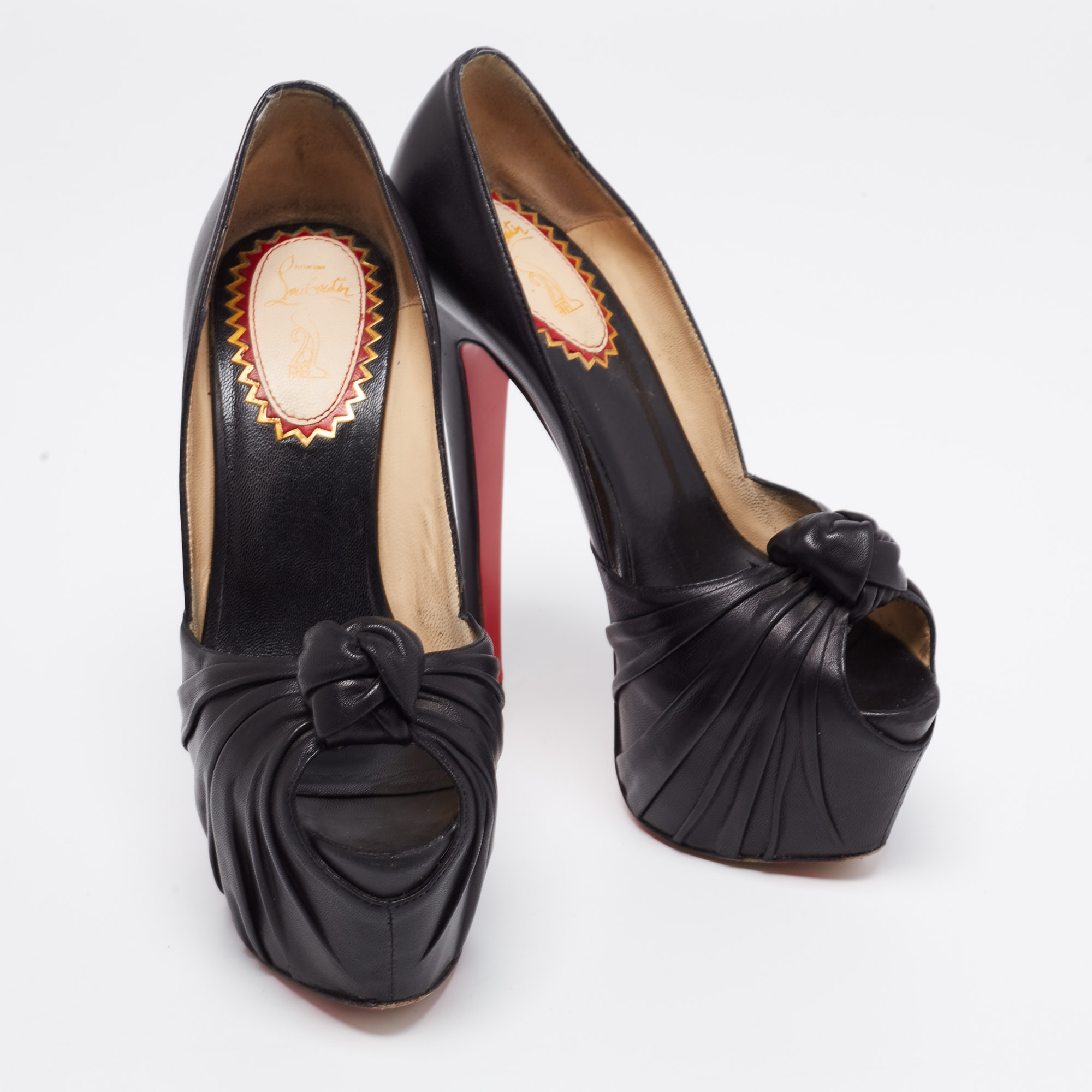 Christian Louboutin Black Leather Lady Gres Knotted 20th Anniversary Peep-Toe Platform Pumps Size 37