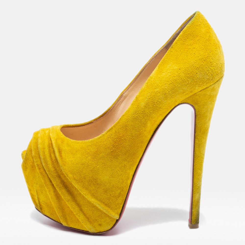 Christian louboutin yellow suede drapesse peep-toe platform pumps size 36.5