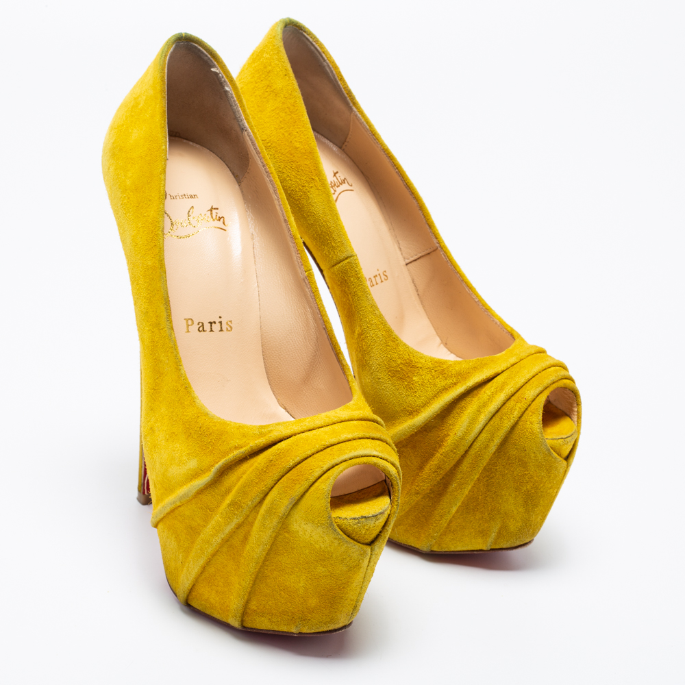 Christian Louboutin Yellow Suede Drapesse Peep-Toe Platform Pumps Size 36.5