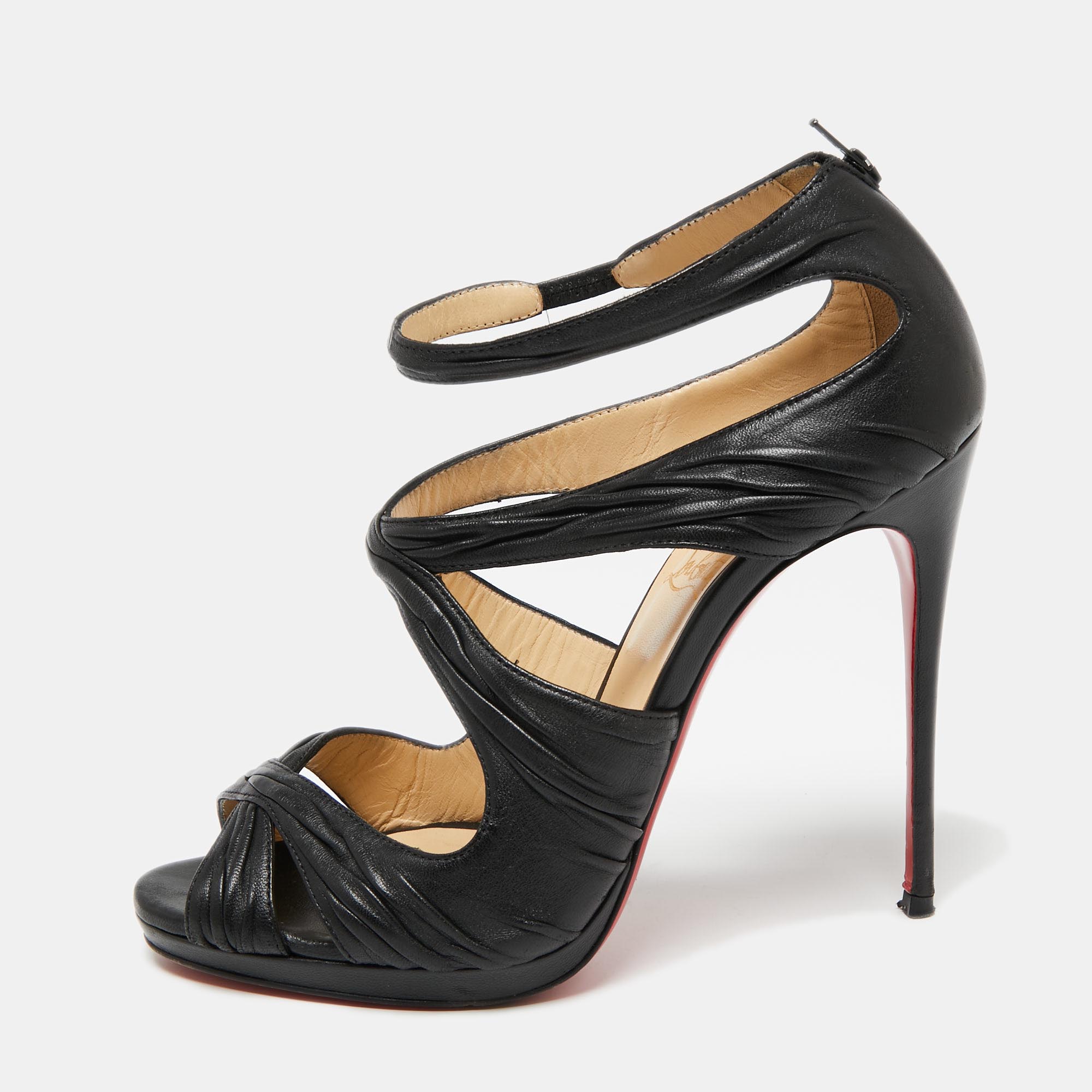 Christian Louboutin Black Pleated Leather Kashou Ankle-Strap Sandals Size 38